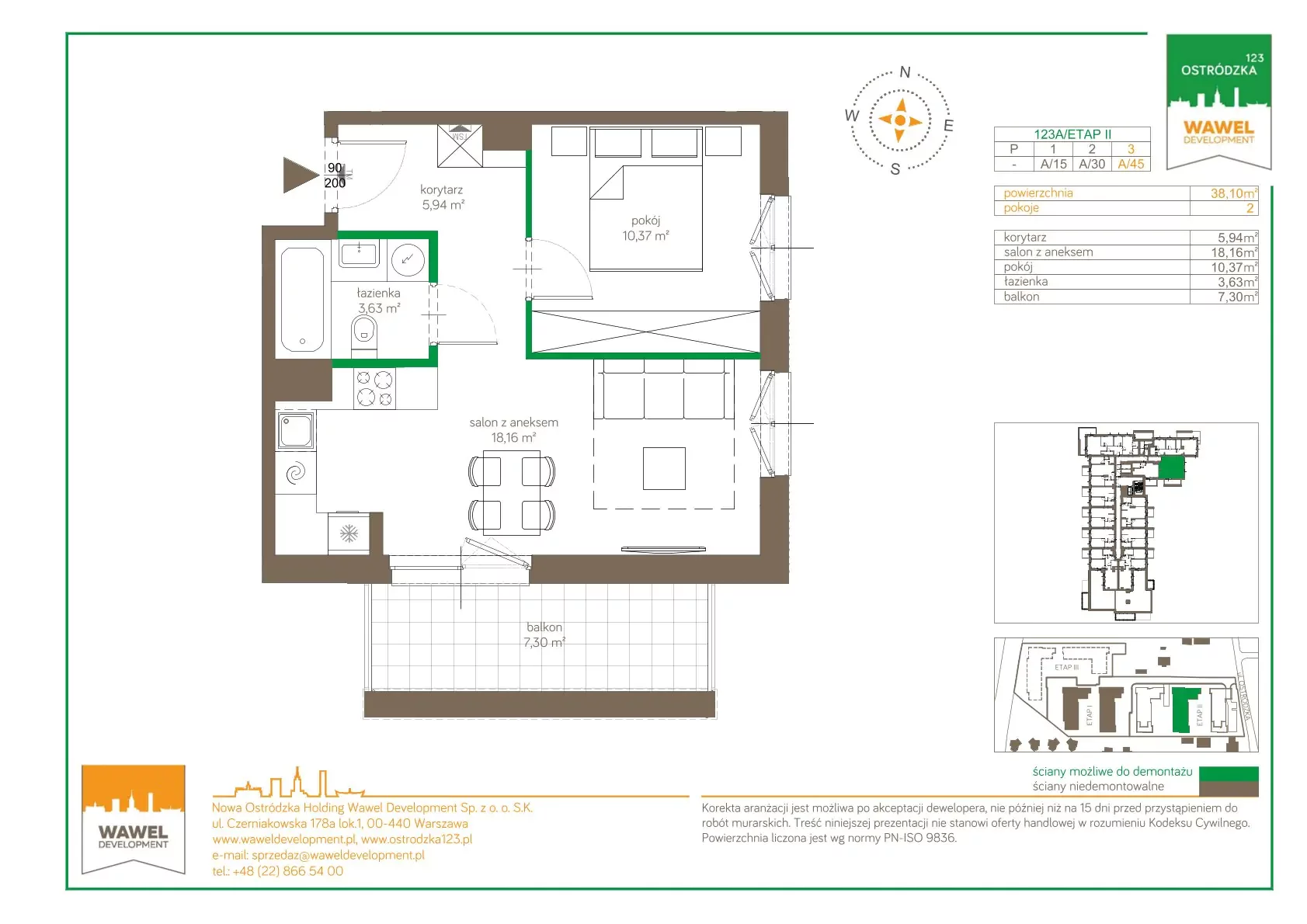 2 pokoje, mieszkanie 38,10 m², piętro 3, oferta nr 123 A/A-45, Ostródzka 123 - Etap II, Warszawa, Białołęka, Brzeziny, ul. Ostródzka 123