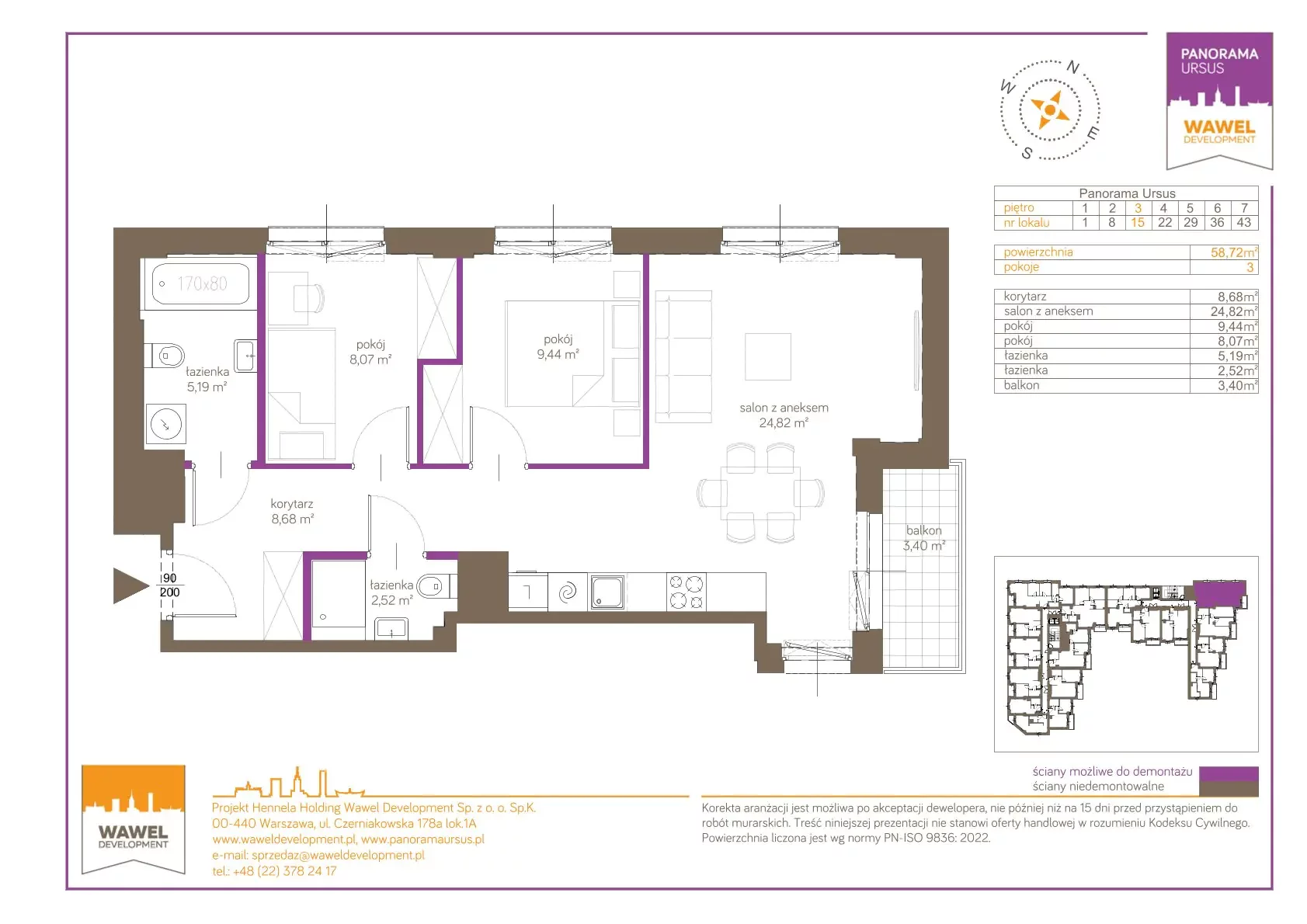 3 pokoje, mieszkanie 58,72 m², piętro 3, oferta nr 15, Panorama Ursus, Warszawa, Ursus, Szamoty, ul. Giserska 5