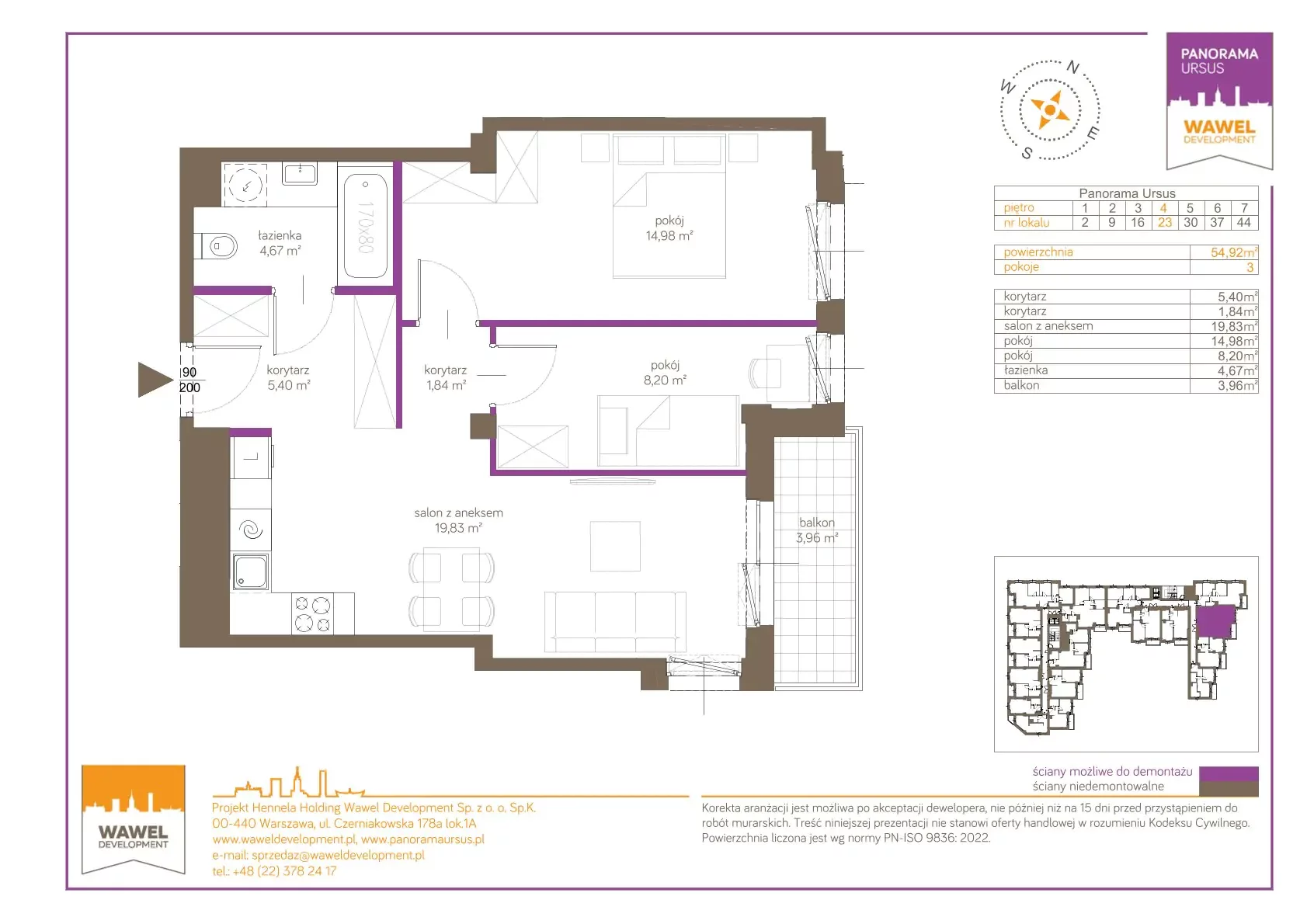 3 pokoje, mieszkanie 54,92 m², piętro 4, oferta nr 23, Panorama Ursus, Warszawa, Ursus, Szamoty, ul. Giserska 5