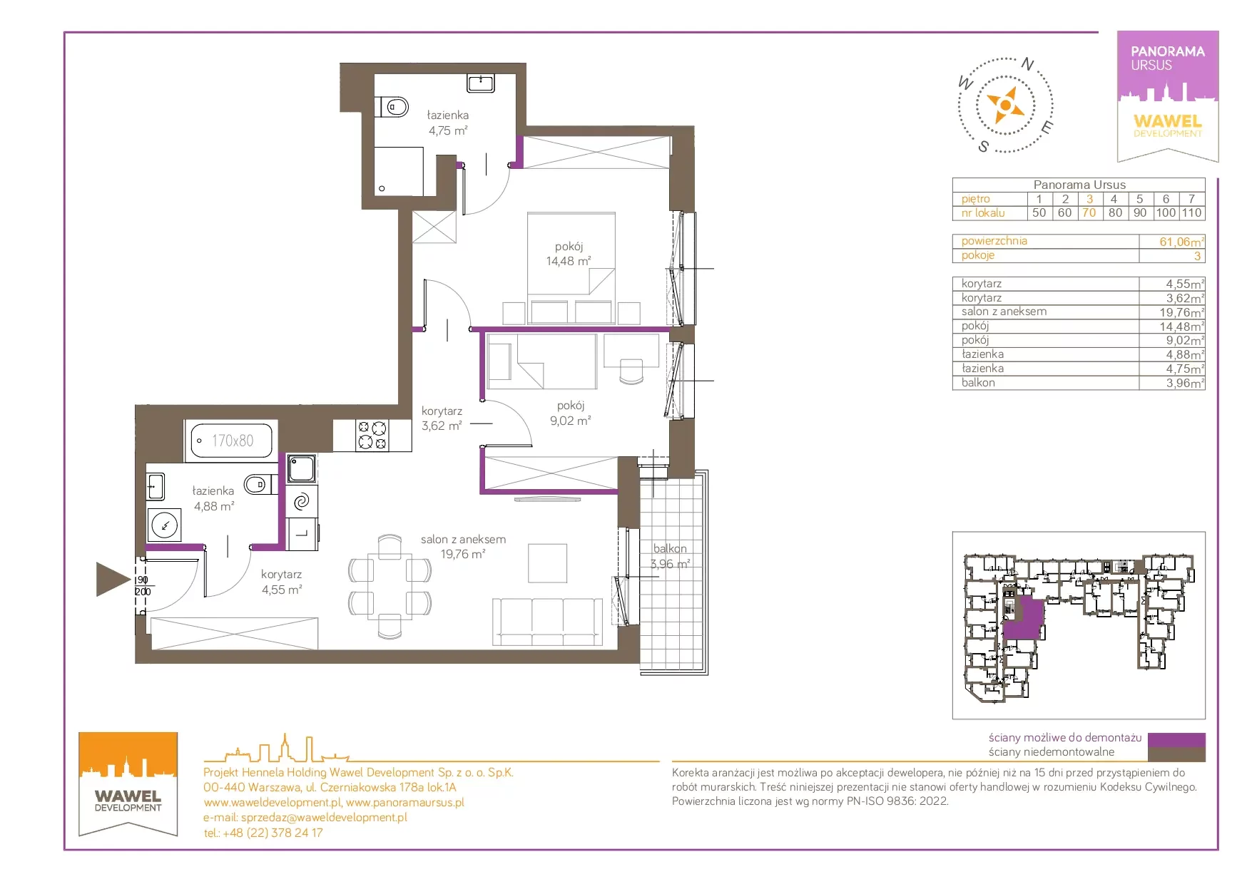 3 pokoje, mieszkanie 61,06 m², piętro 3, oferta nr 70, Panorama Ursus, Warszawa, Ursus, Szamoty, ul. Giserska 5