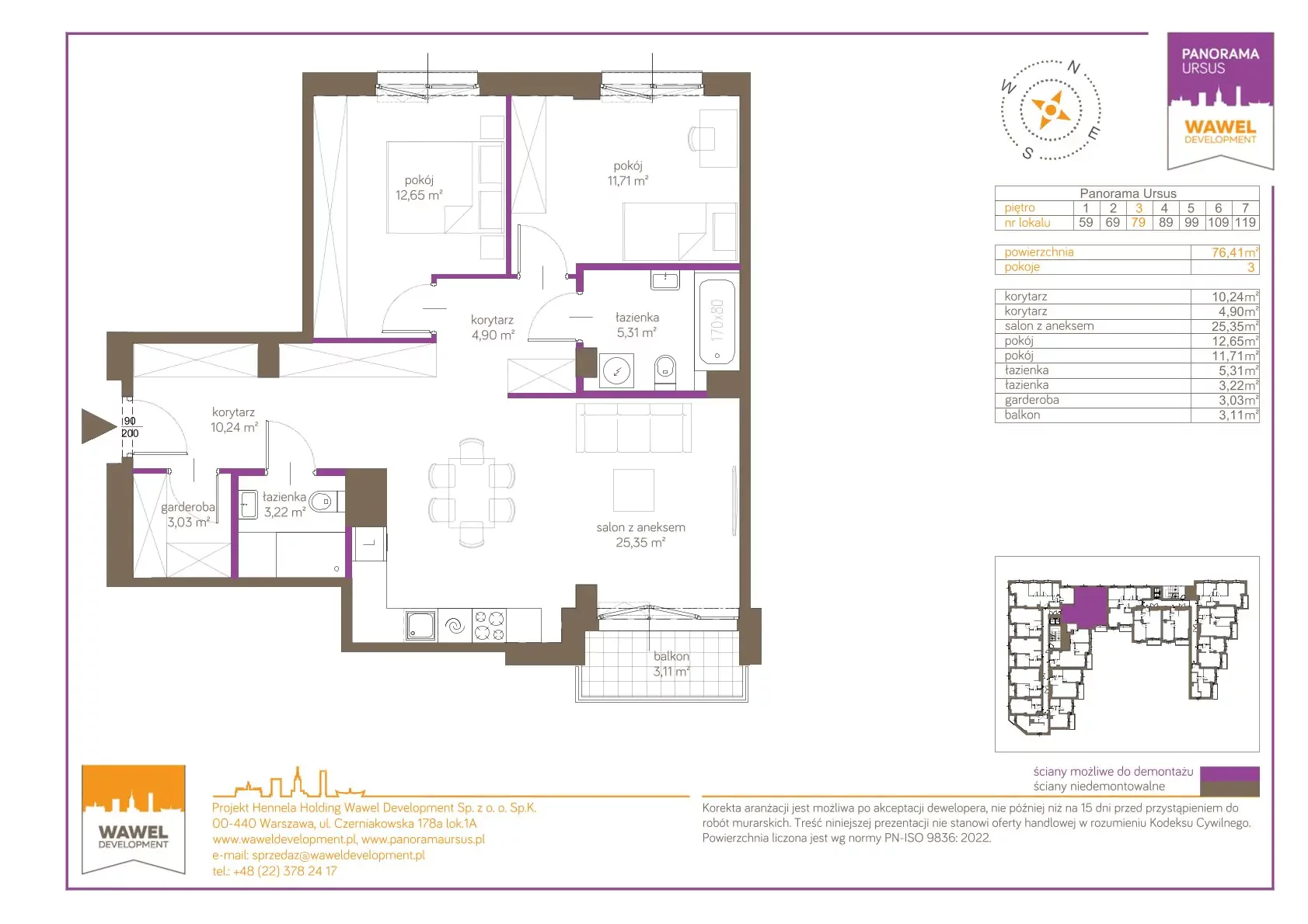 3 pokoje, mieszkanie 76,41 m², piętro 3, oferta nr 79, Panorama Ursus, Warszawa, Ursus, Szamoty, ul. Giserska 5