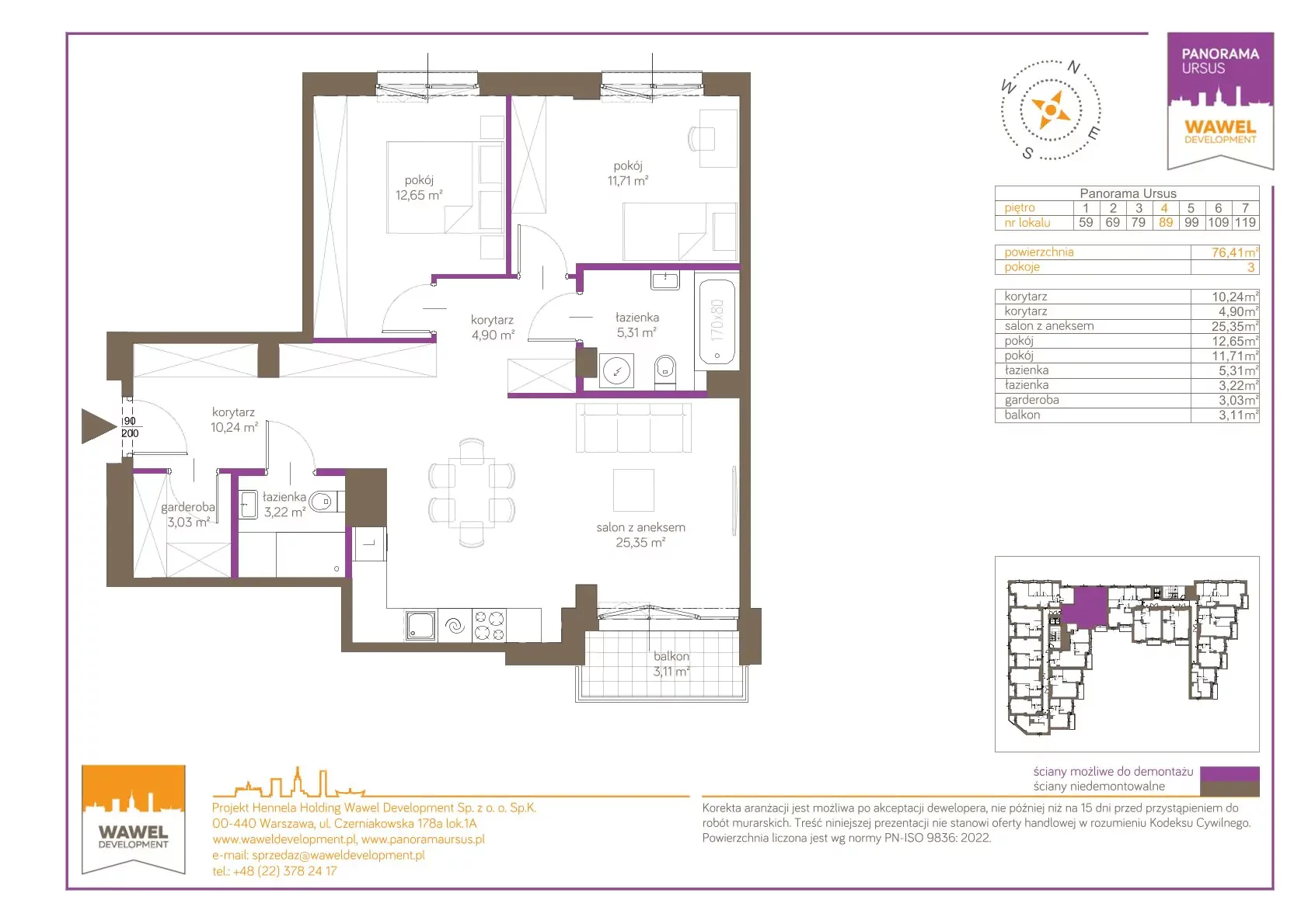3 pokoje, mieszkanie 76,41 m², piętro 4, oferta nr 89, Panorama Ursus, Warszawa, Ursus, Szamoty, ul. Giserska 5