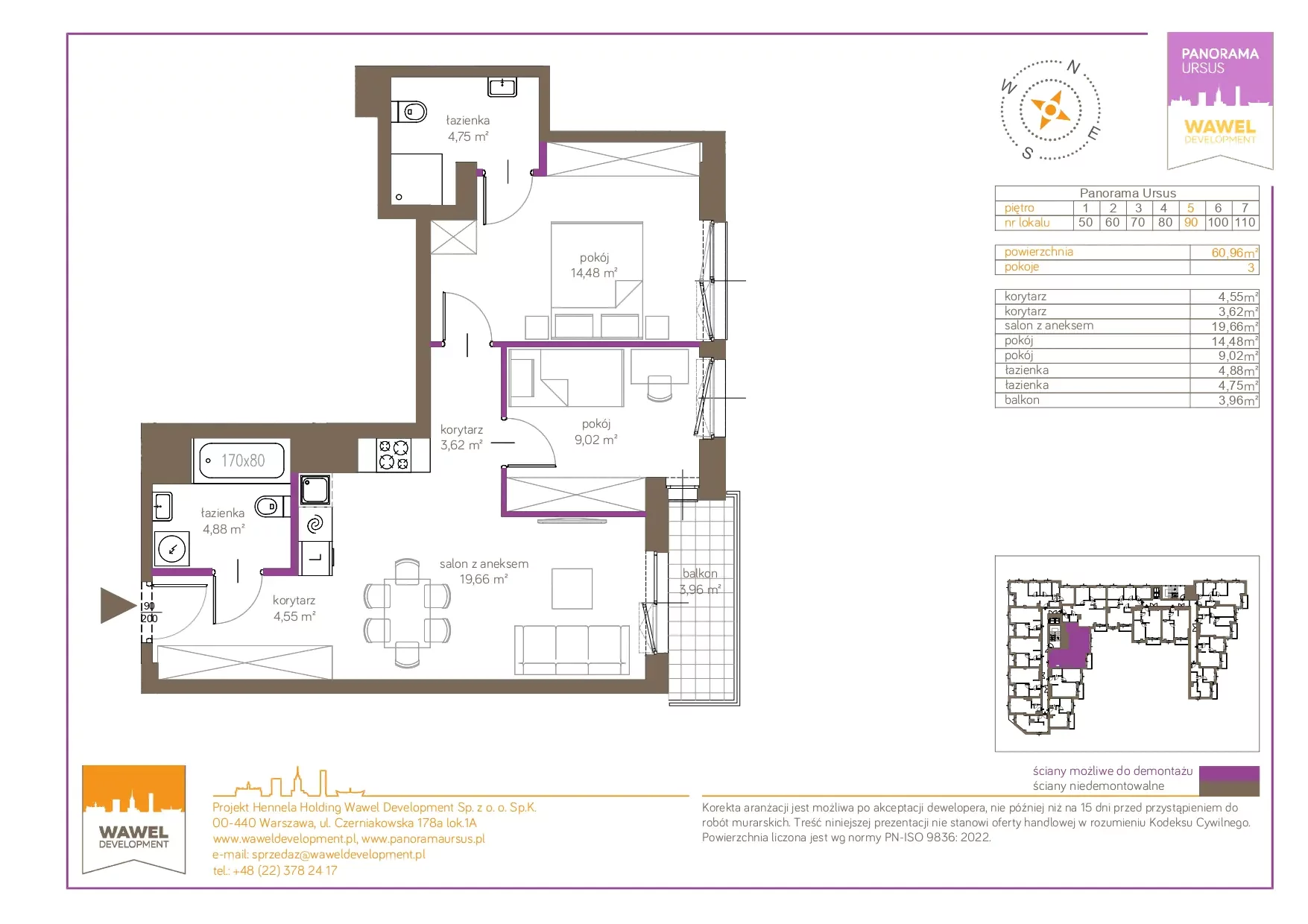 3 pokoje, mieszkanie 60,96 m², piętro 5, oferta nr 90, Panorama Ursus, Warszawa, Ursus, Szamoty, ul. Giserska 5