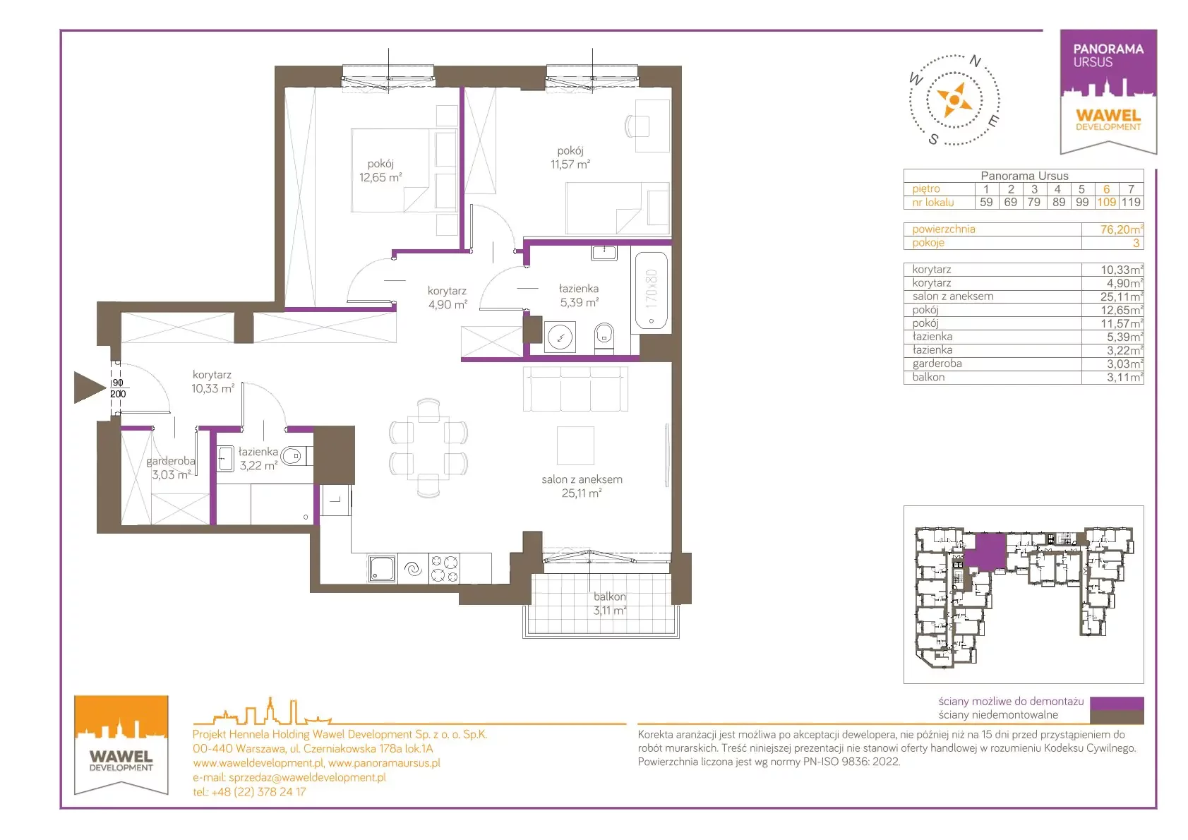 3 pokoje, mieszkanie 76,20 m², piętro 6, oferta nr 109, Panorama Ursus, Warszawa, Ursus, Szamoty, ul. Giserska 5