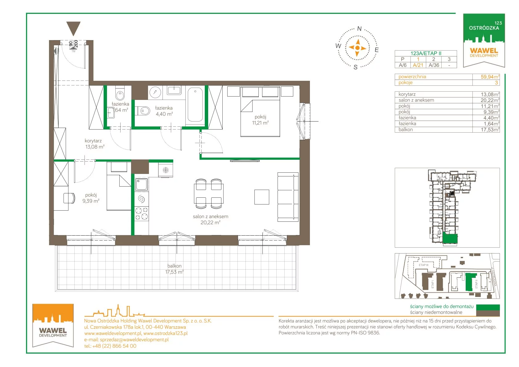 Mieszkanie 59,94 m², piętro 1, oferta nr 123 A/A-21, Ostródzka 123 - Etap II, Warszawa, Białołęka, Brzeziny, ul. Ostródzka 123