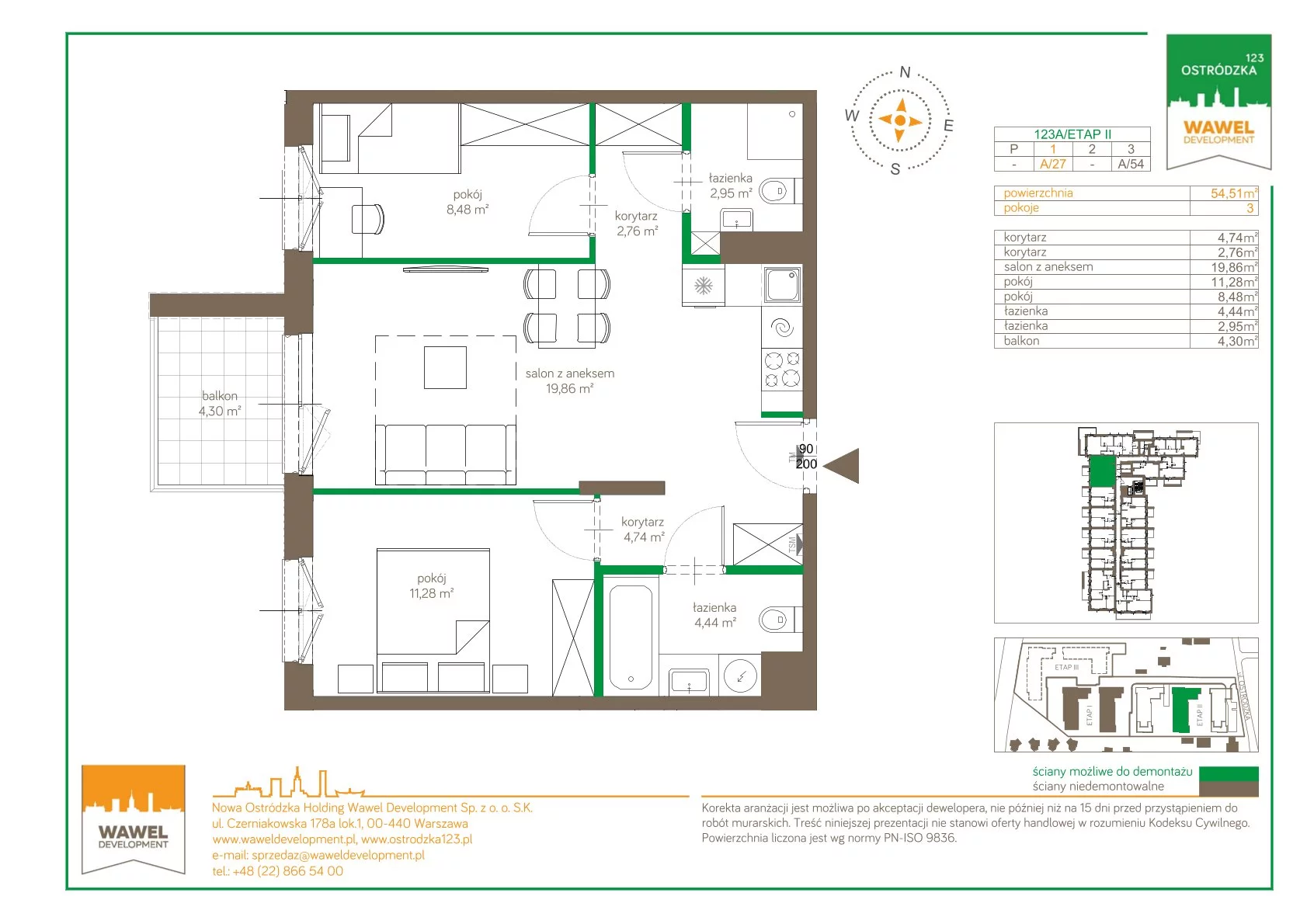 Mieszkanie 54,51 m², piętro 1, oferta nr 123 A/A-27, Ostródzka 123 - Etap II, Warszawa, Białołęka, Brzeziny, ul. Ostródzka 123