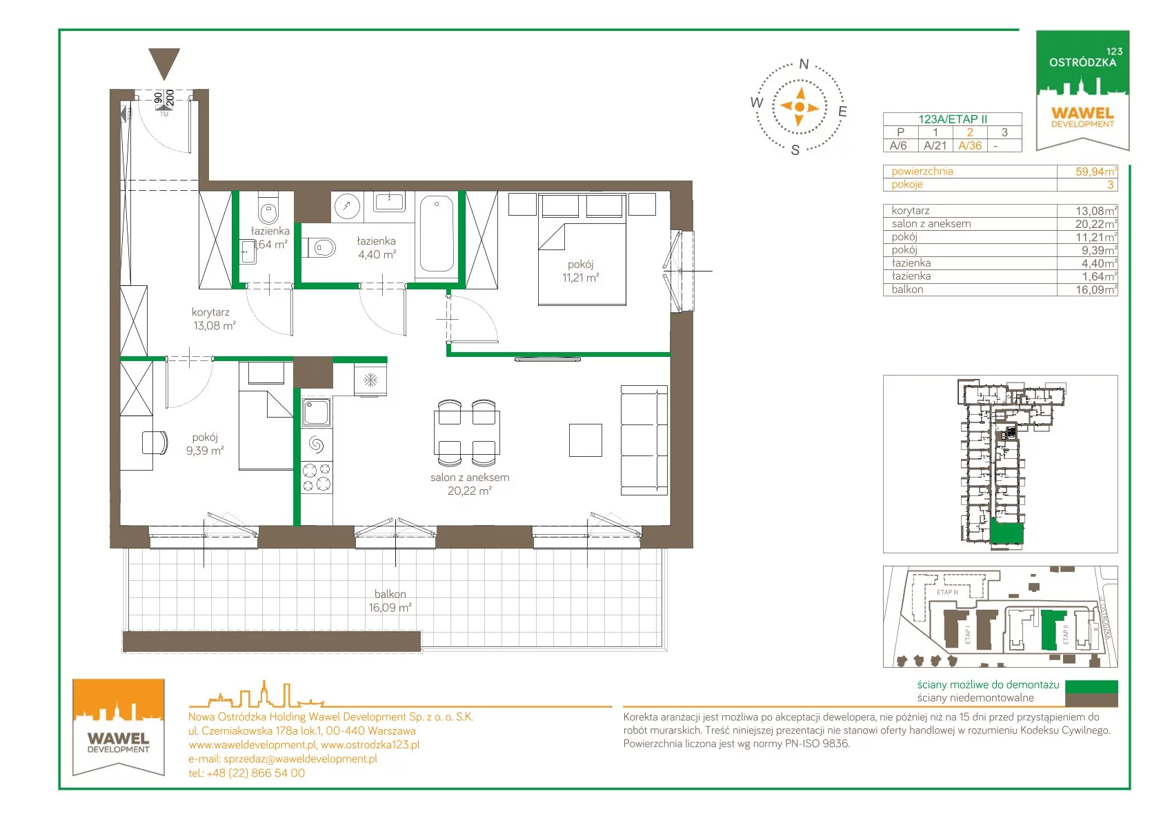 Mieszkanie 59,94 m², piętro 2, oferta nr 123 A/A-36, Ostródzka 123 - Etap II, Warszawa, Białołęka, Brzeziny, ul. Ostródzka 123