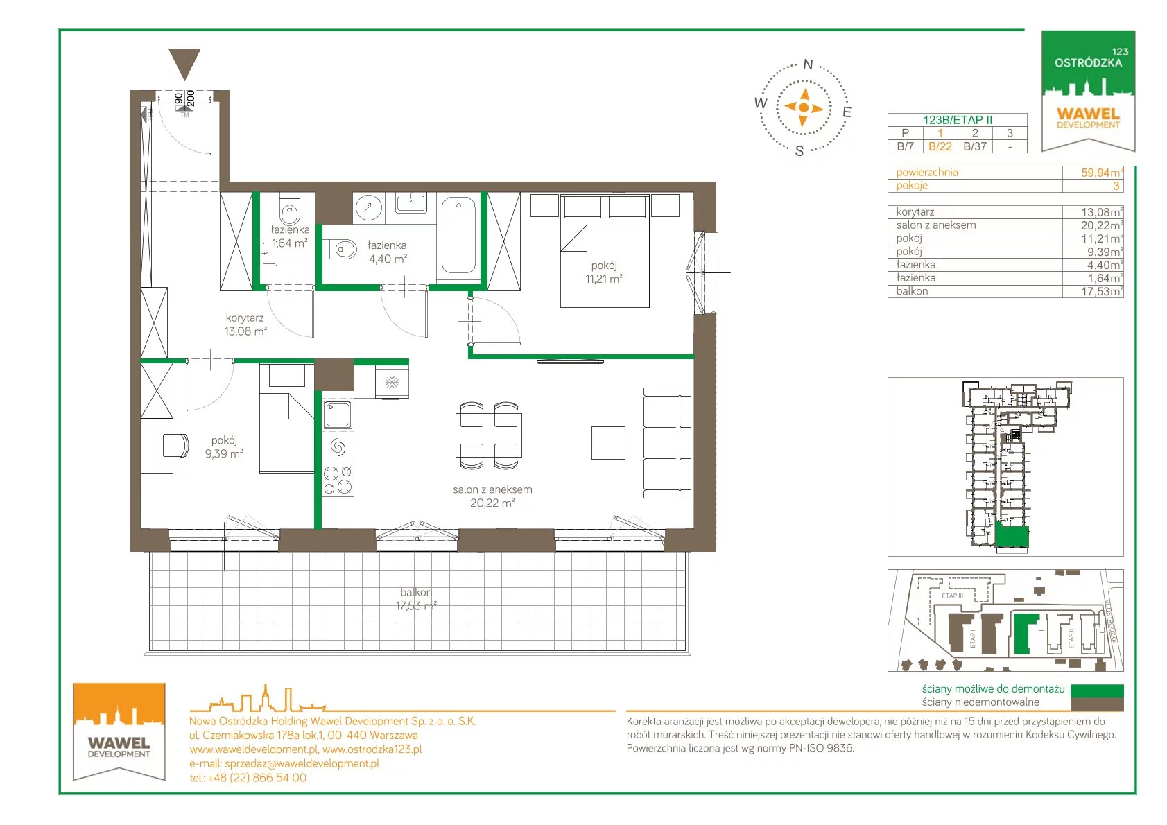 Mieszkanie 59,94 m², piętro 1, oferta nr 123 B/B-22, Ostródzka 123 - Etap II, Warszawa, Białołęka, Brzeziny, ul. Ostródzka 123