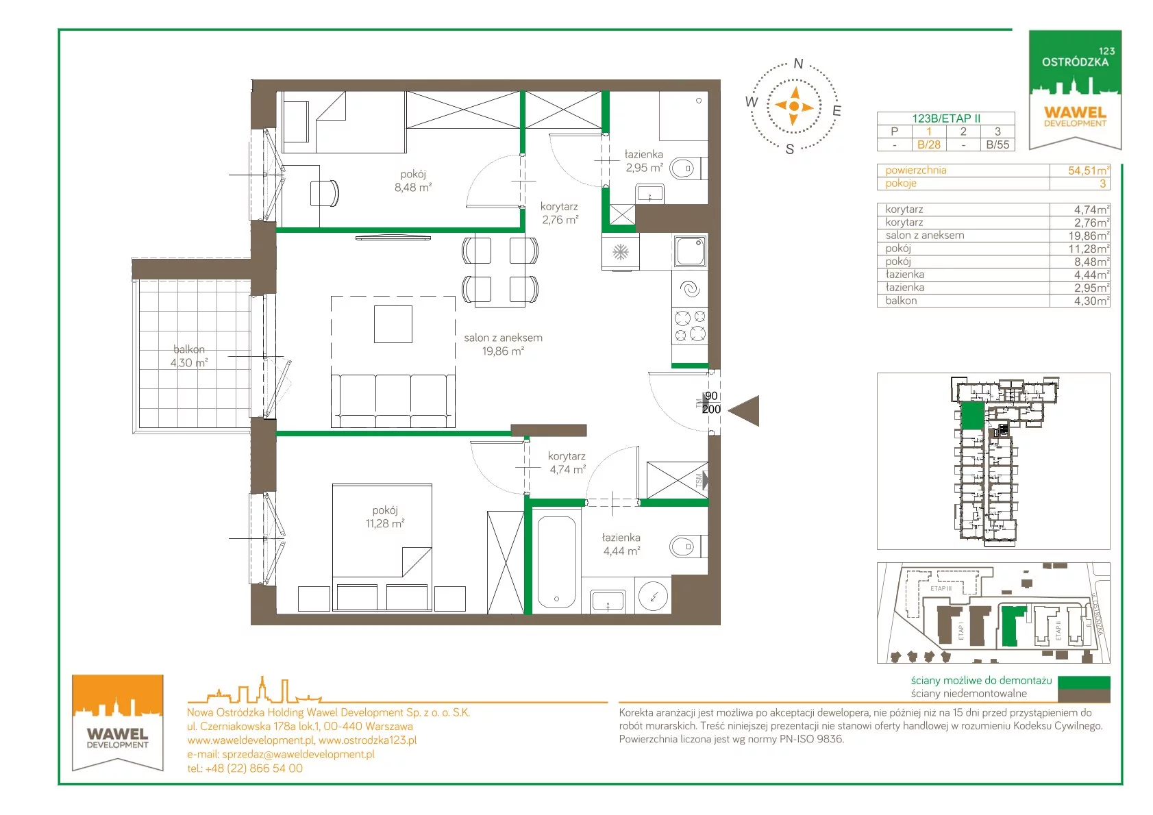 Mieszkanie 54,51 m², piętro 1, oferta nr 123 B/B-28, Ostródzka 123 - Etap II, Warszawa, Białołęka, Brzeziny, ul. Ostródzka 123