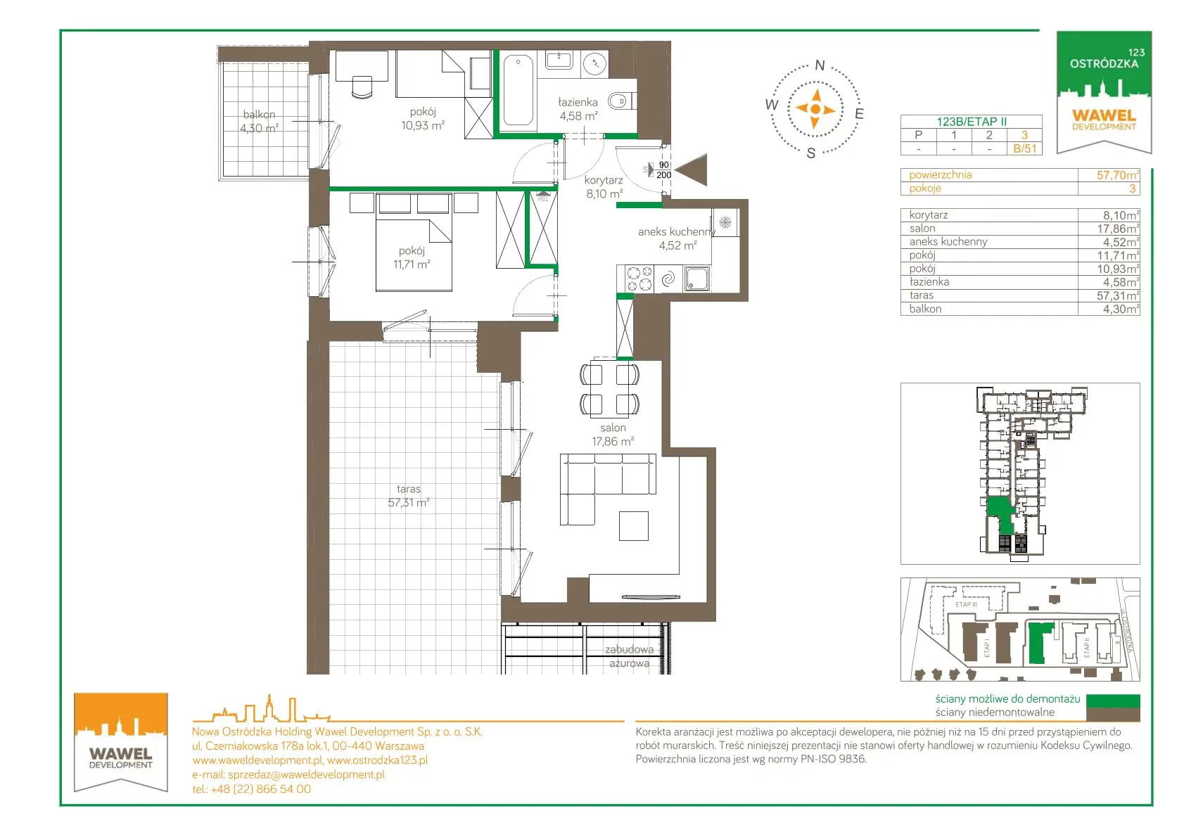 3 pokoje, mieszkanie 57,70 m², piętro 3, oferta nr 123 B/B-51, Ostródzka 123 - Etap II, Warszawa, Białołęka, Brzeziny, ul. Ostródzka 123