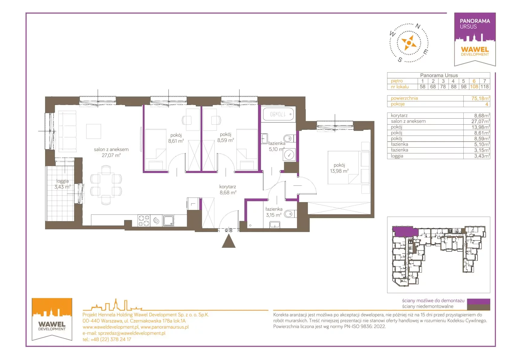 4 pokoje, mieszkanie 75,18 m², piętro 6, oferta nr 108, Panorama Ursus, Warszawa, Ursus, Szamoty, ul. Giserska 5