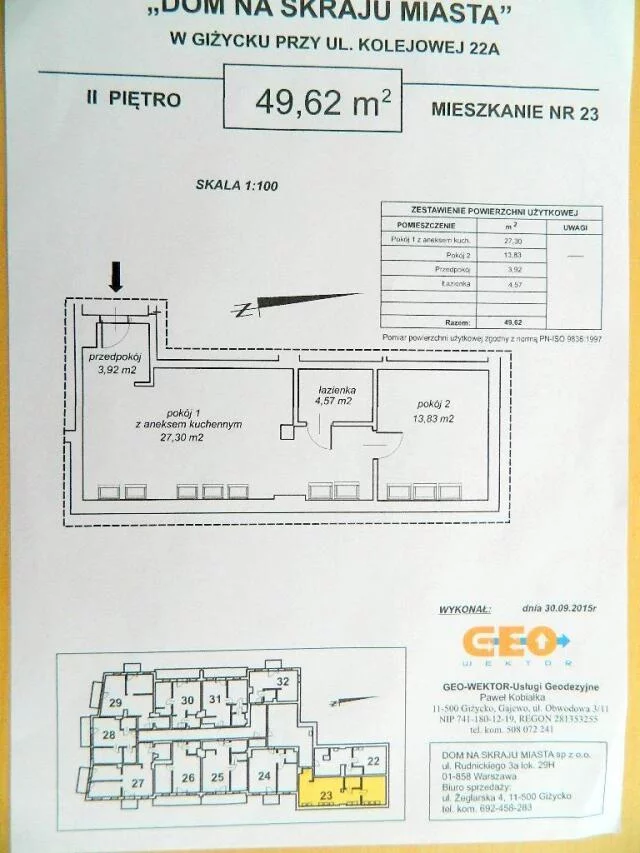 3 pokoje, mieszkanie 49,62 m², piętro 2, oferta nr , 1250, Giżycko, Kolejowa