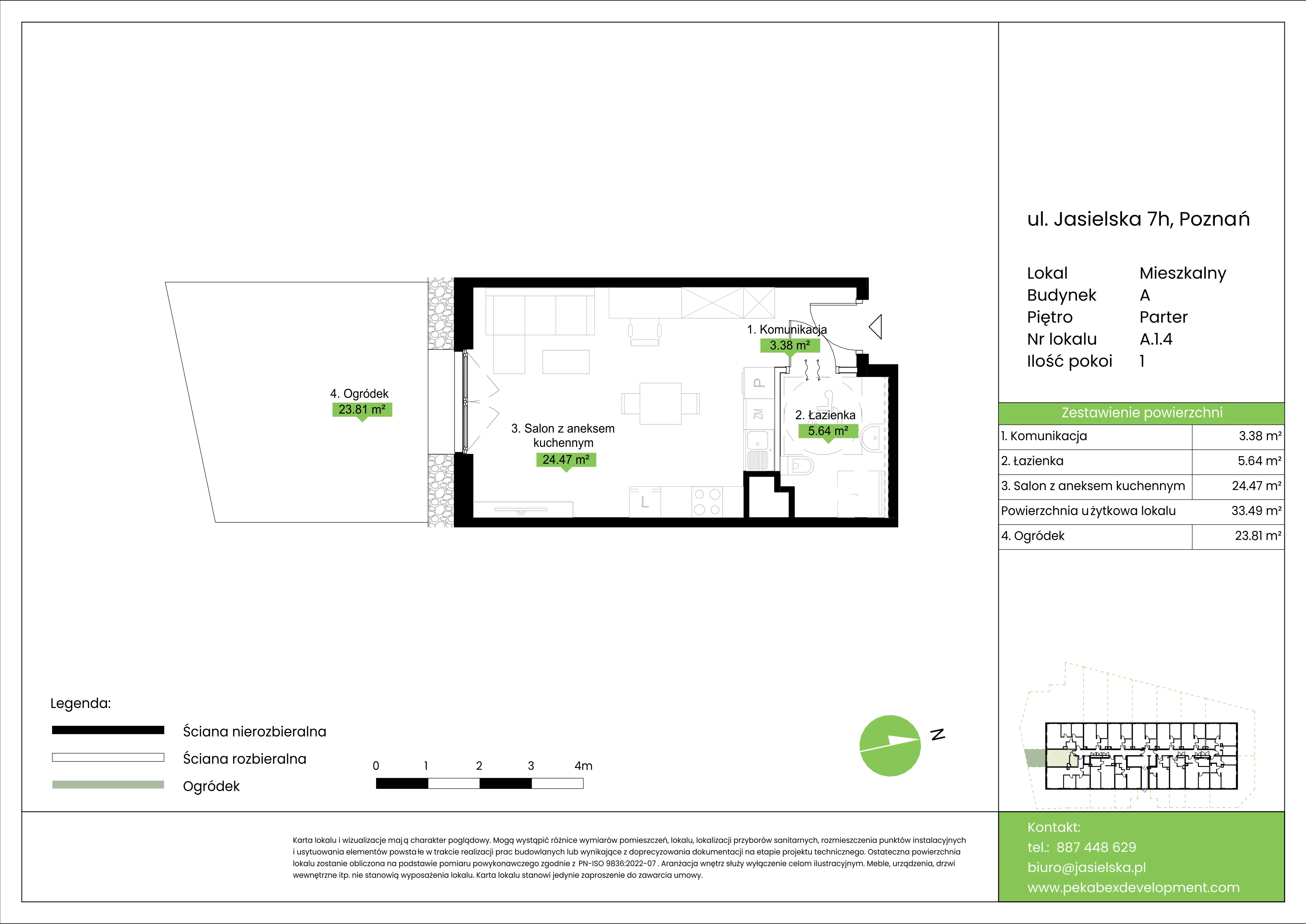 1 pokój, mieszkanie 33,49 m², parter, oferta nr A.1.4, JA_SIELSKA etap V, Poznań, Podolany, Podolany, ul. Jasielska