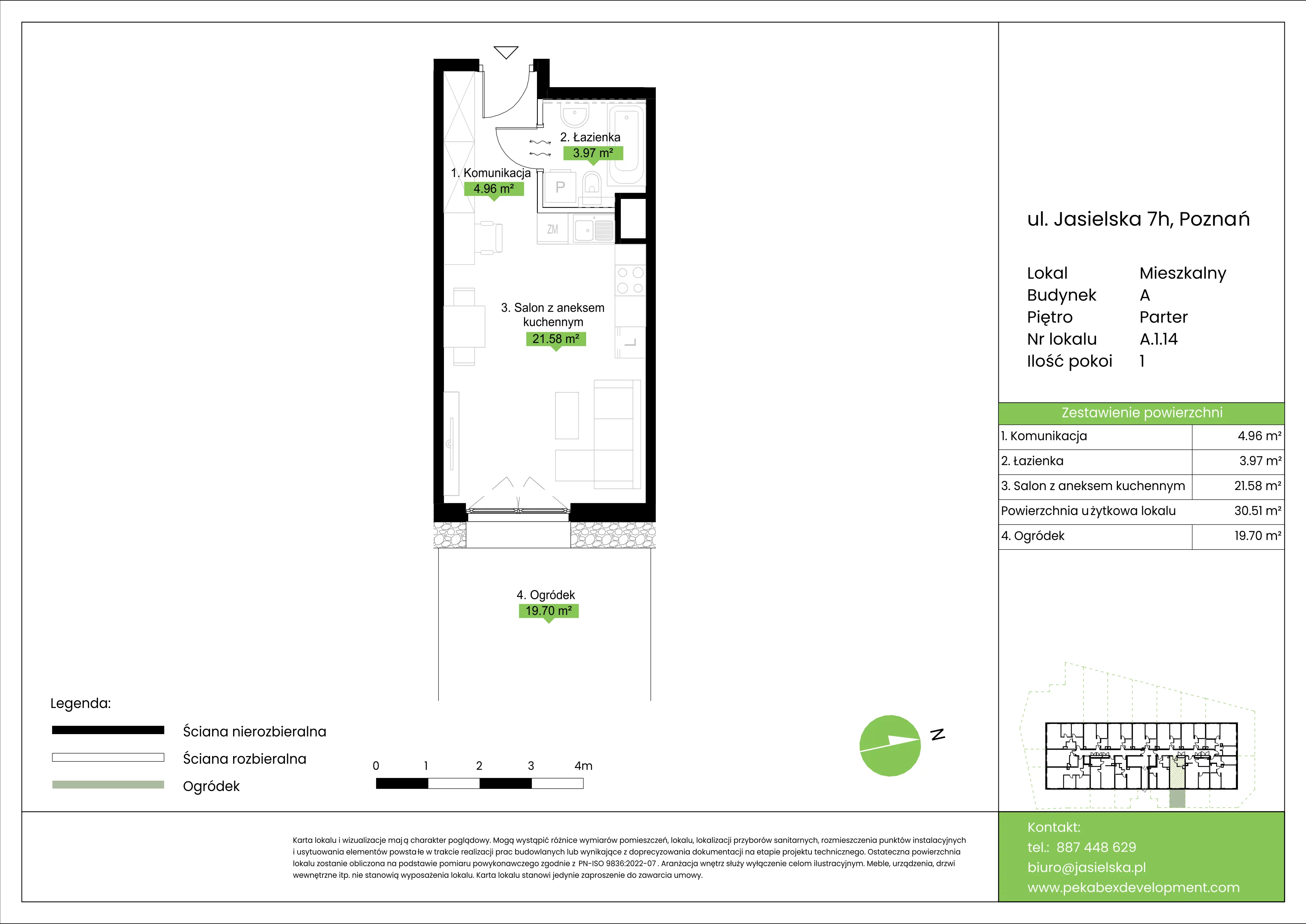 1 pokój, mieszkanie 30,51 m², parter, oferta nr A.1.14, JA_SIELSKA etap V, Poznań, Podolany, Podolany, ul. Jasielska