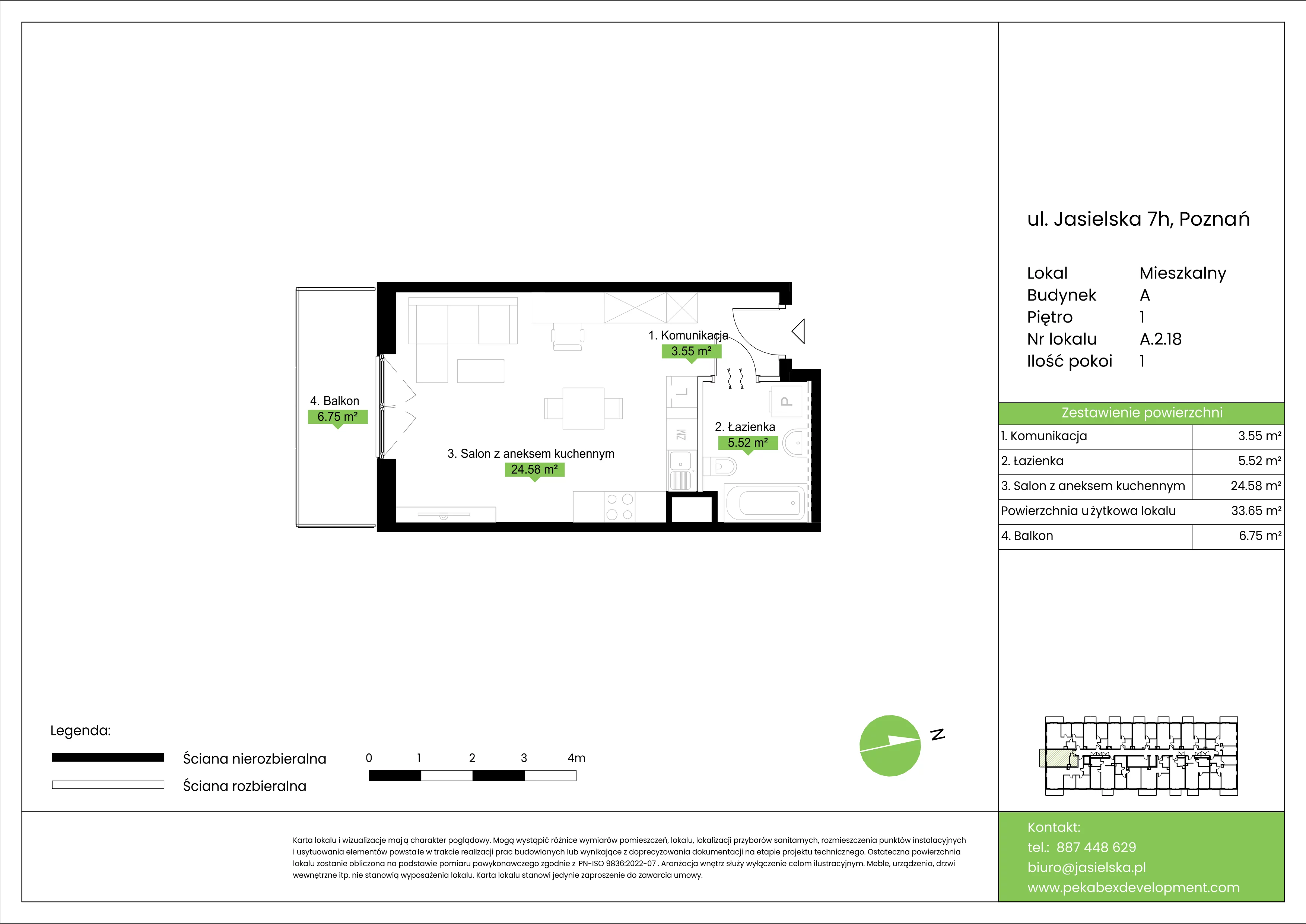 1 pokój, mieszkanie 33,65 m², piętro 1, oferta nr A.2.18, JA_SIELSKA etap V, Poznań, Podolany, Podolany, ul. Jasielska