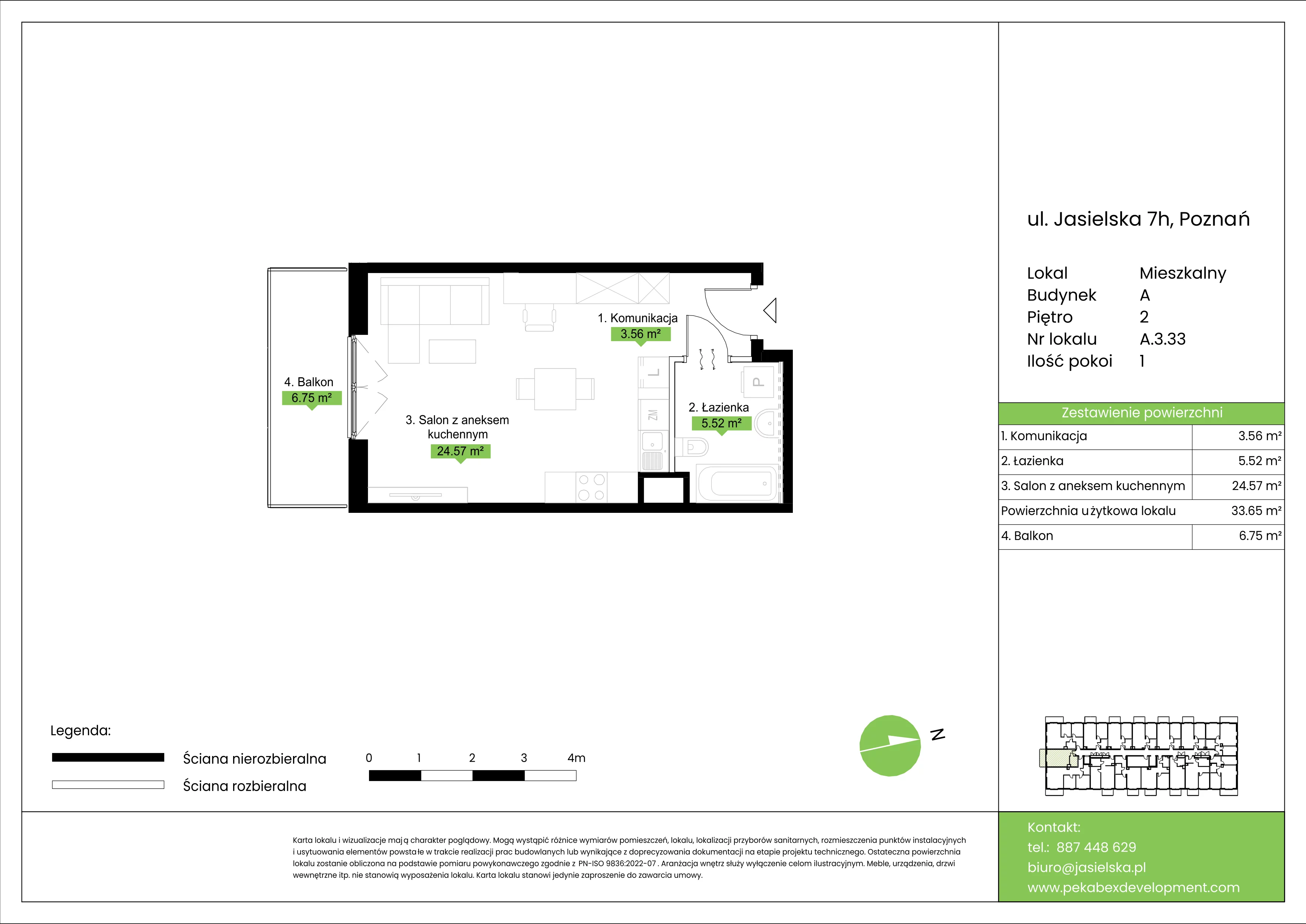 1 pokój, mieszkanie 33,65 m², piętro 2, oferta nr A.3.33, JA_SIELSKA etap V, Poznań, Podolany, Podolany, ul. Jasielska