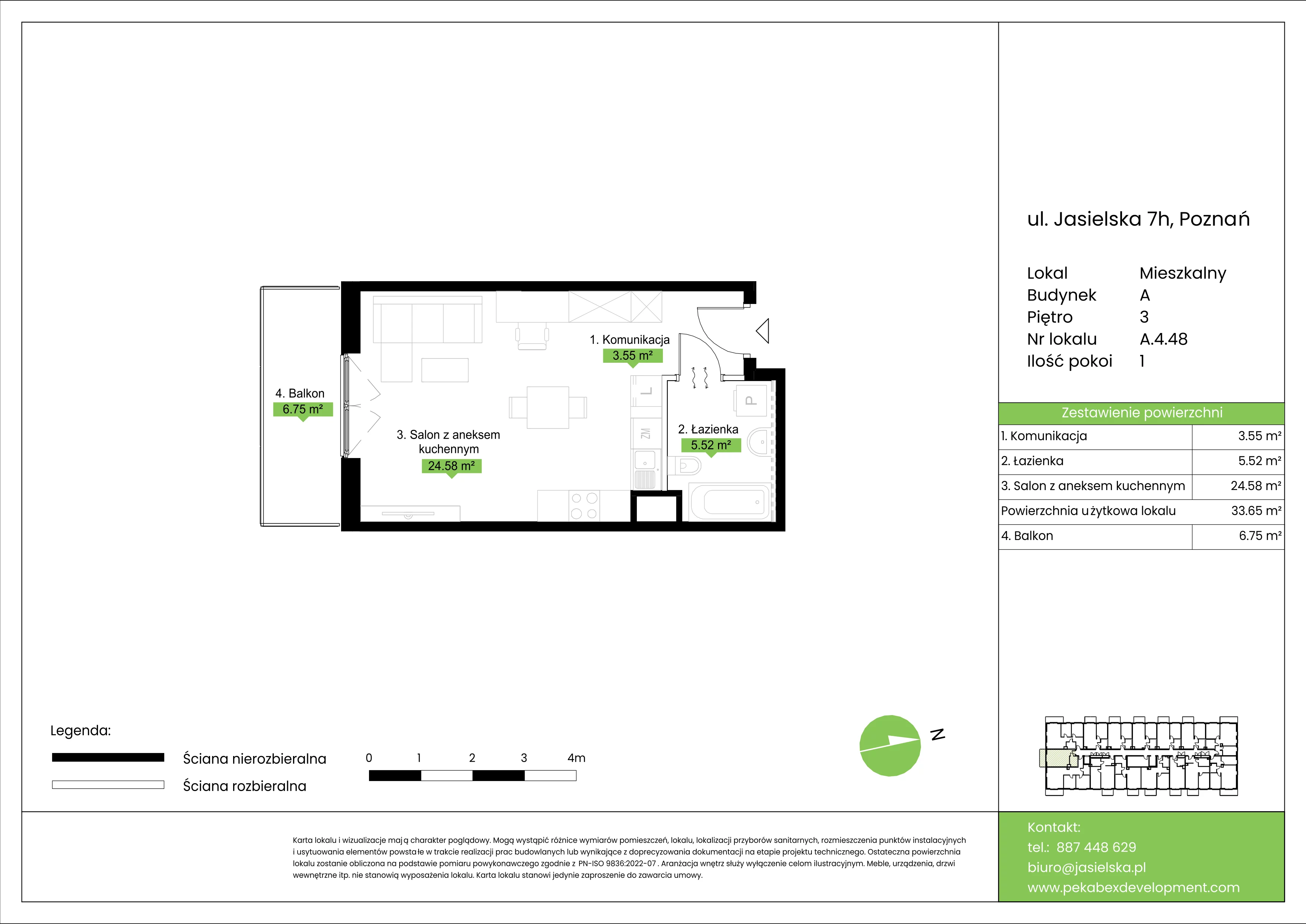 1 pokój, mieszkanie 33,65 m², piętro 3, oferta nr A.4.48, JA_SIELSKA etap V, Poznań, Podolany, Podolany, ul. Jasielska