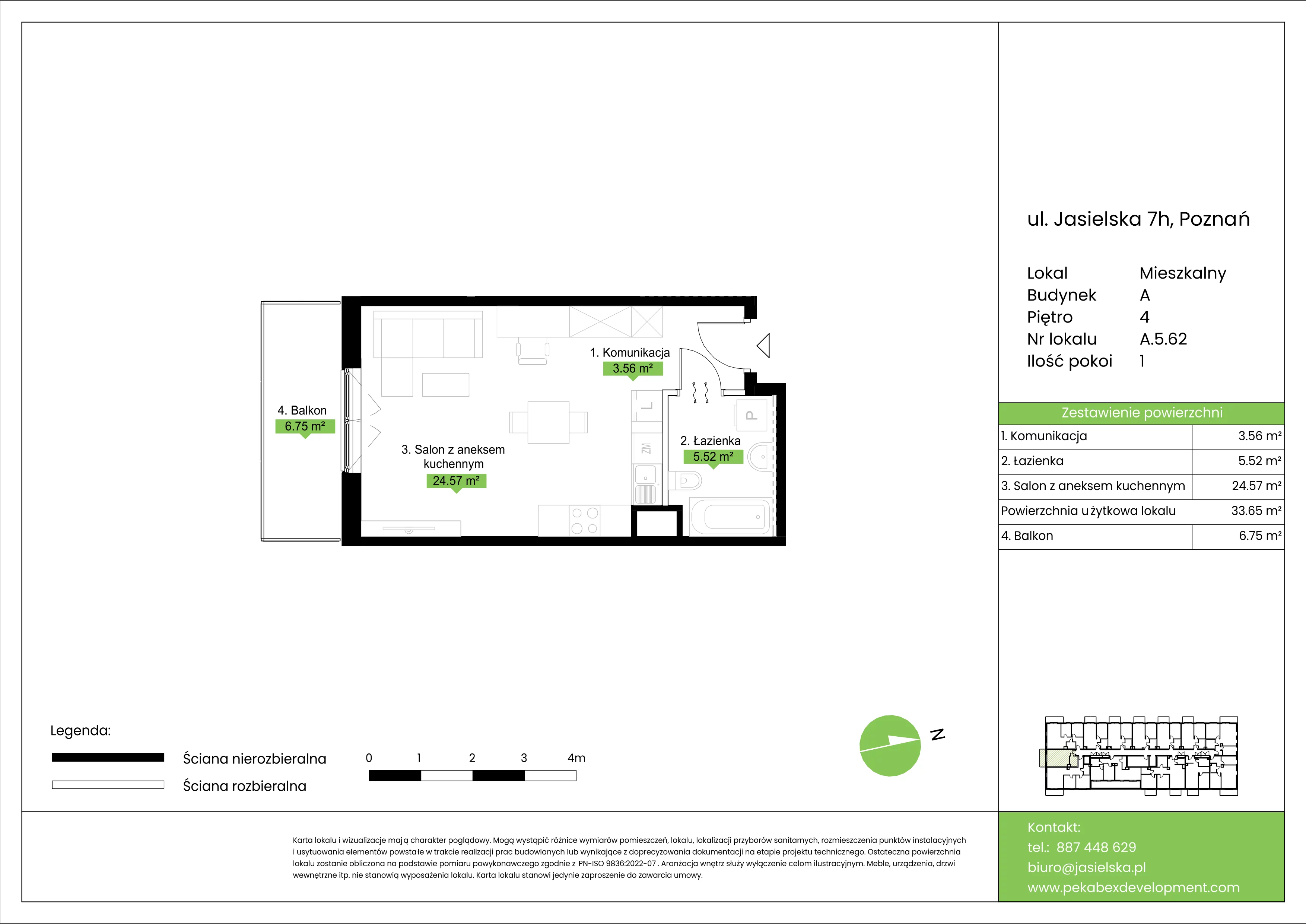 1 pokój, mieszkanie 33,65 m², piętro 4, oferta nr A.5.62, JA_SIELSKA etap V, Poznań, Podolany, Podolany, ul. Jasielska