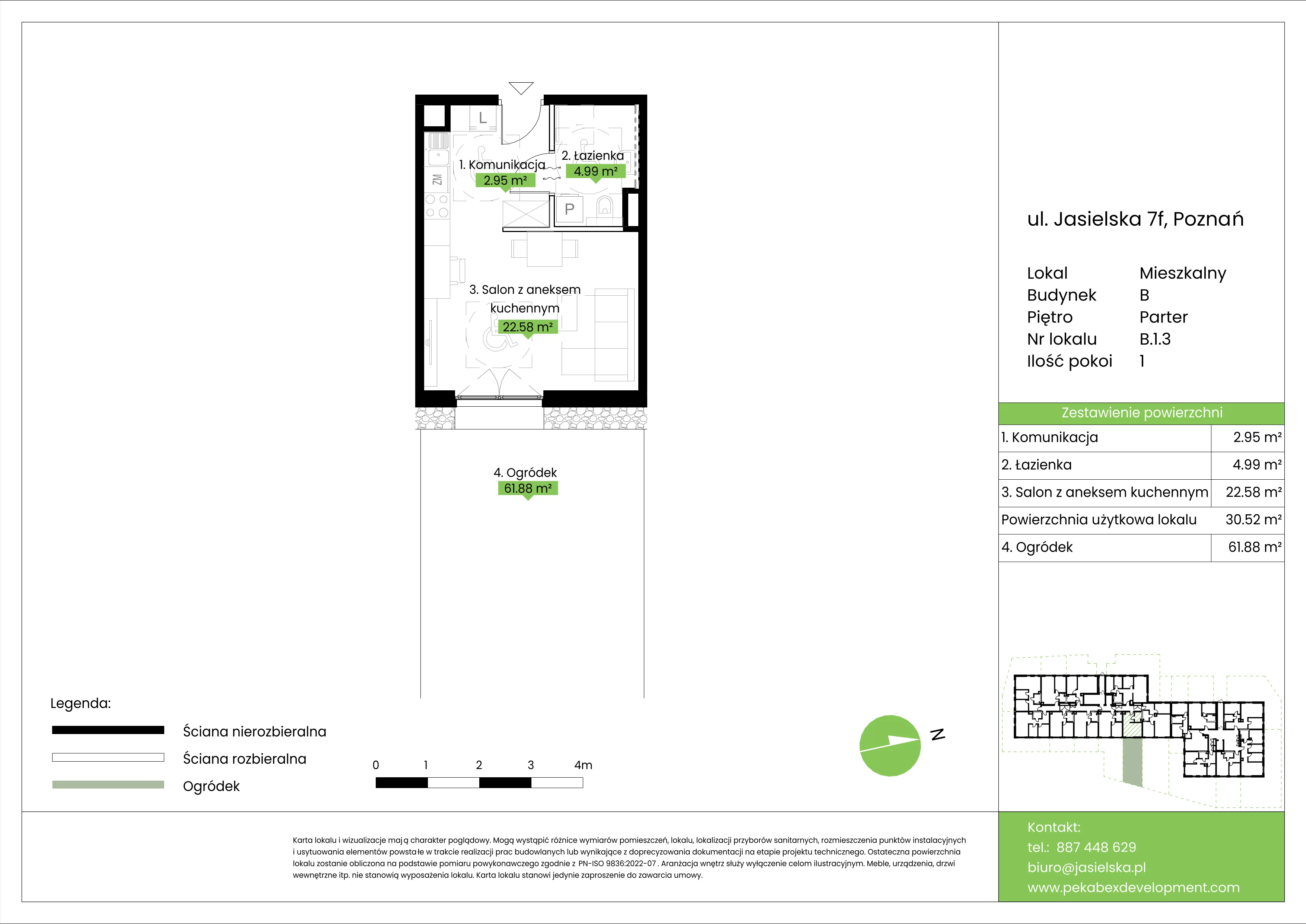 1 pokój, mieszkanie 30,52 m², parter, oferta nr B.1.3, JA_SIELSKA etap V, Poznań, Podolany, Podolany, ul. Jasielska
