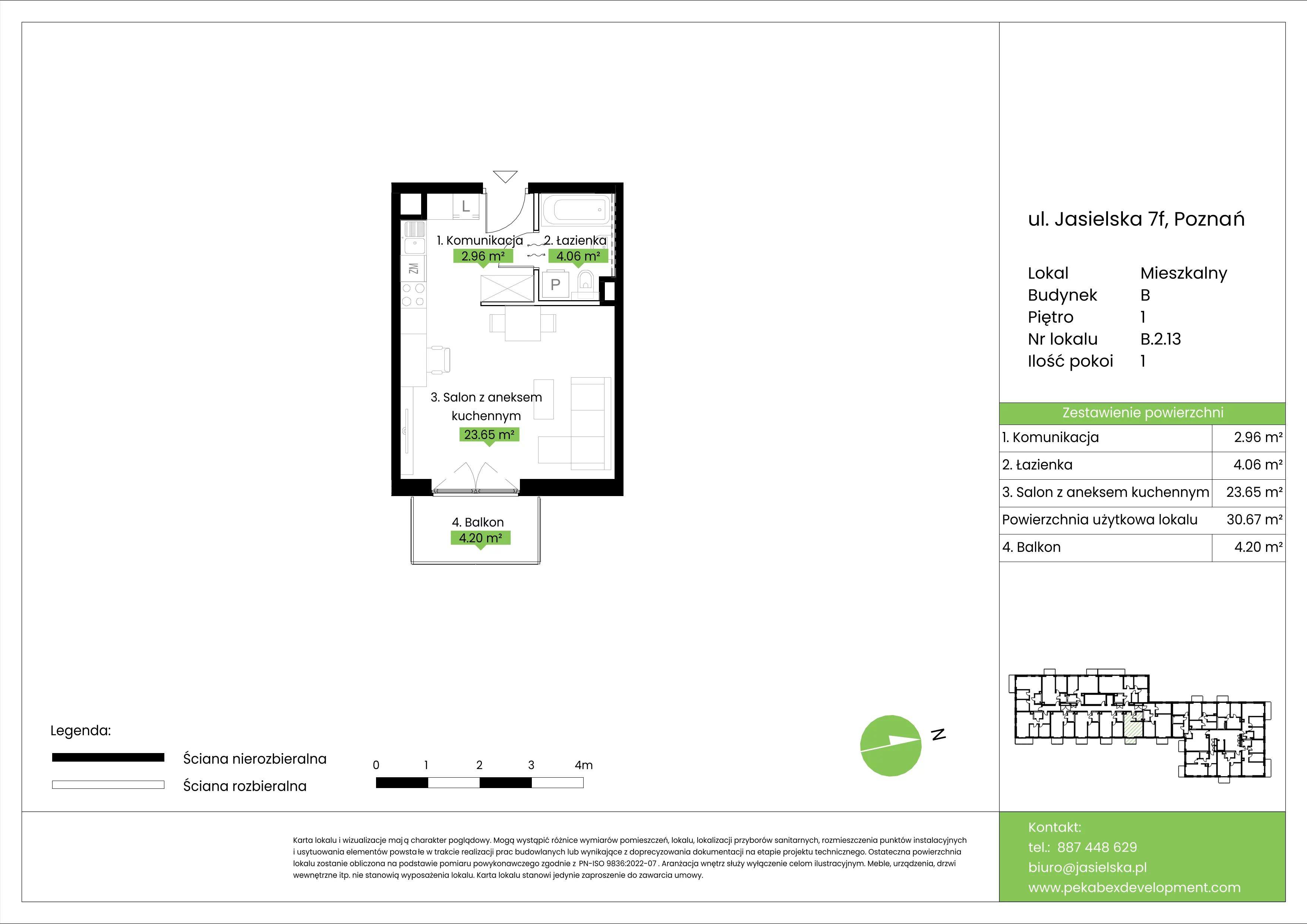 1 pokój, mieszkanie 30,67 m², piętro 1, oferta nr B.2.13, JA_SIELSKA etap V, Poznań, Podolany, Podolany, ul. Jasielska