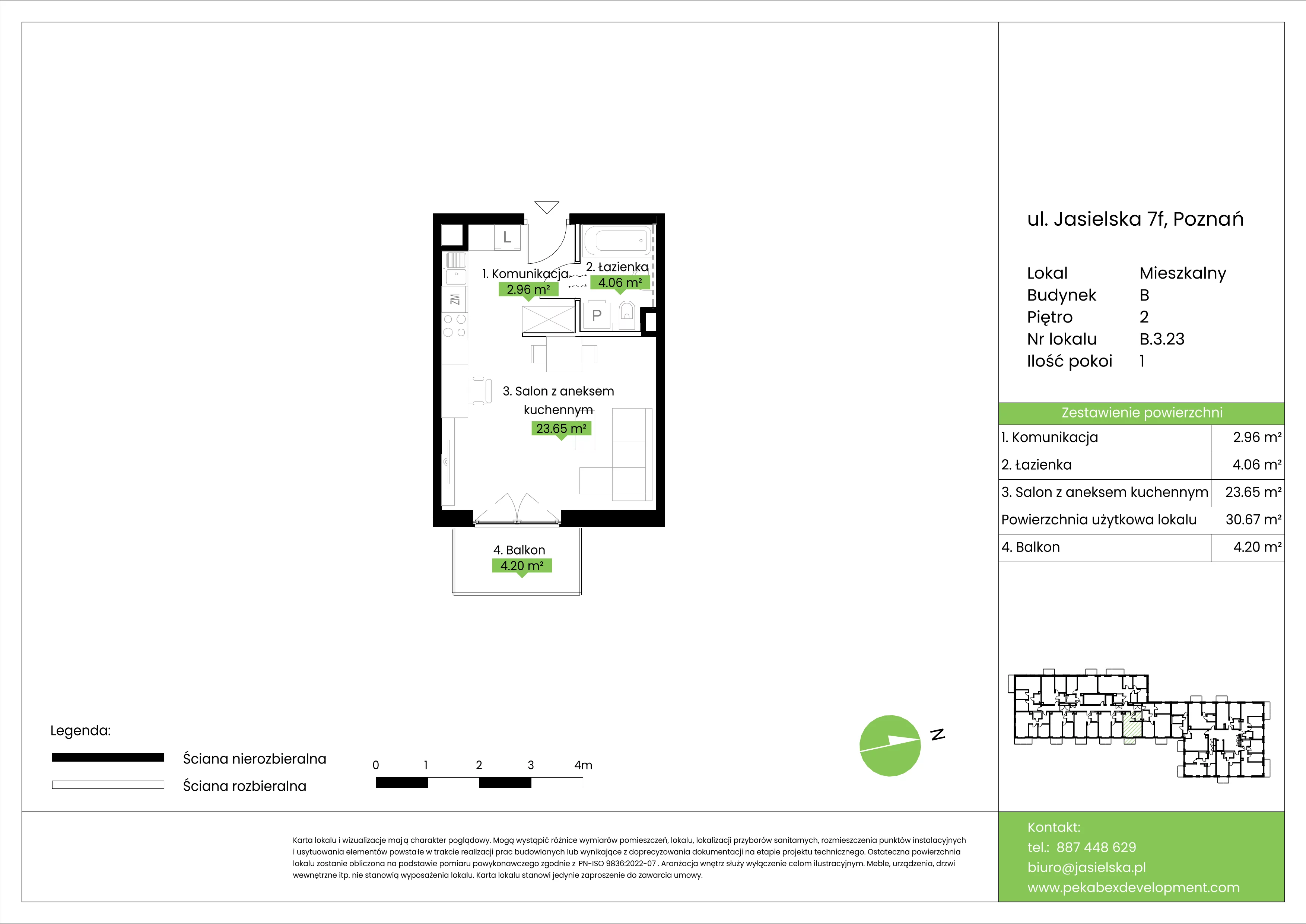 1 pokój, mieszkanie 30,67 m², piętro 2, oferta nr B.3.23, JA_SIELSKA etap V, Poznań, Podolany, Podolany, ul. Jasielska