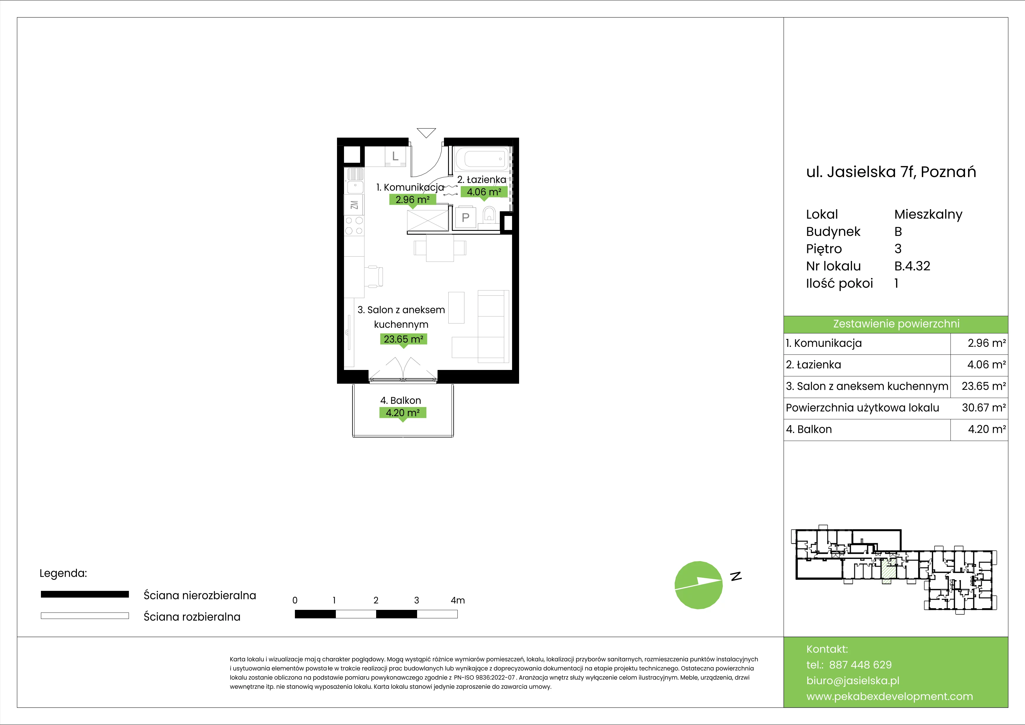 1 pokój, mieszkanie 30,67 m², piętro 3, oferta nr B.4.32, JA_SIELSKA etap V, Poznań, Podolany, Podolany, ul. Jasielska