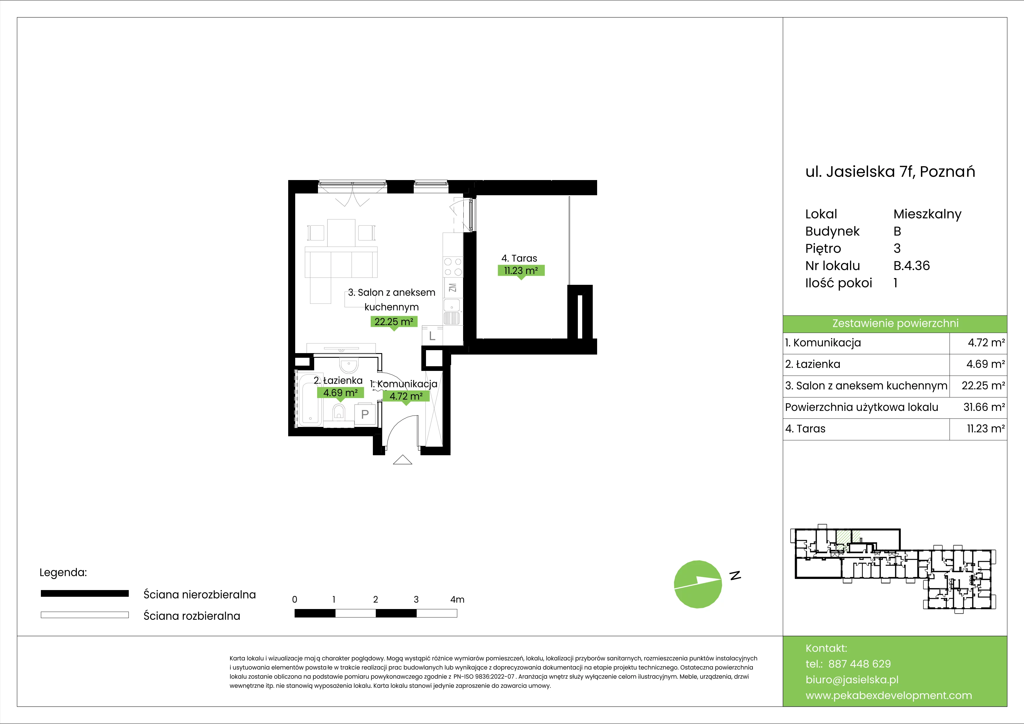 1 pokój, mieszkanie 31,66 m², piętro 3, oferta nr B.4.36, JA_SIELSKA etap V, Poznań, Podolany, Podolany, ul. Jasielska