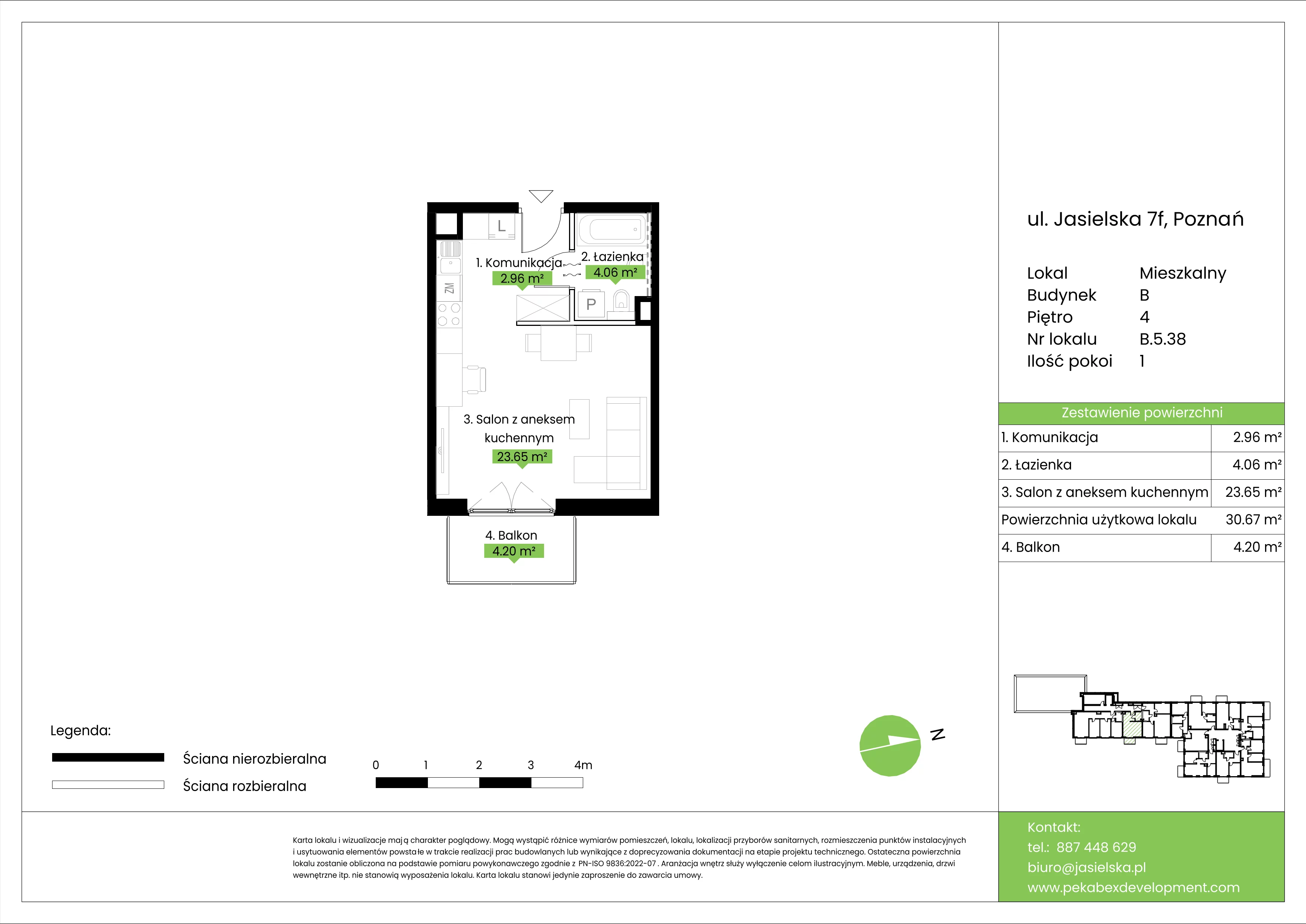 1 pokój, mieszkanie 30,67 m², piętro 4, oferta nr B.5.38, JA_SIELSKA etap V, Poznań, Podolany, Podolany, ul. Jasielska