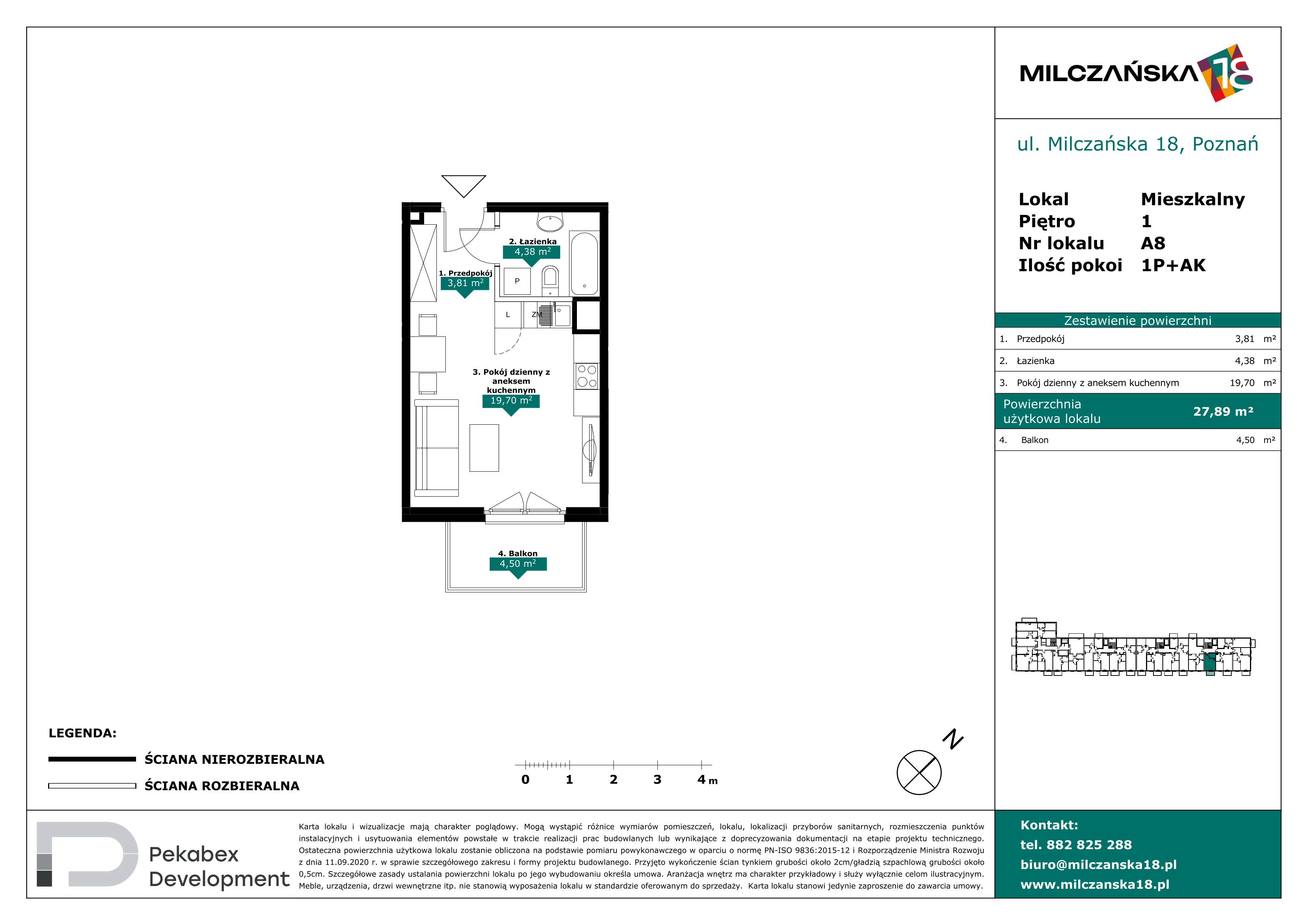 1 pokój, mieszkanie 27,89 m², piętro 1, oferta nr A8, Milczańska 18, Poznań, Rataje, Łacina, ul. Milczańska 18