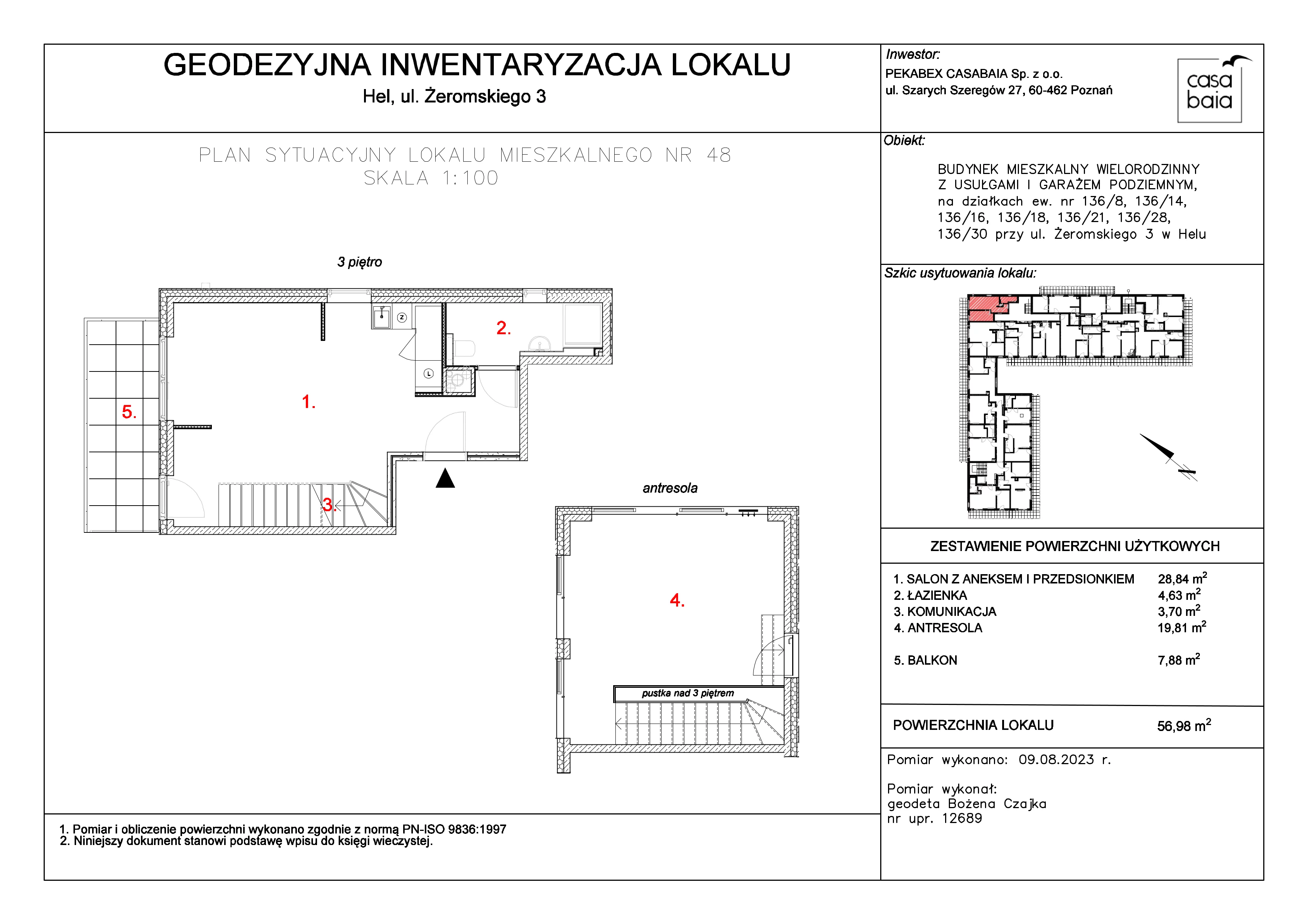 1 pokój, mieszkanie 56,98 m², piętro 3, oferta nr 48, CASA BAIA, Hel, ul. Stefana Żeromskiego 3