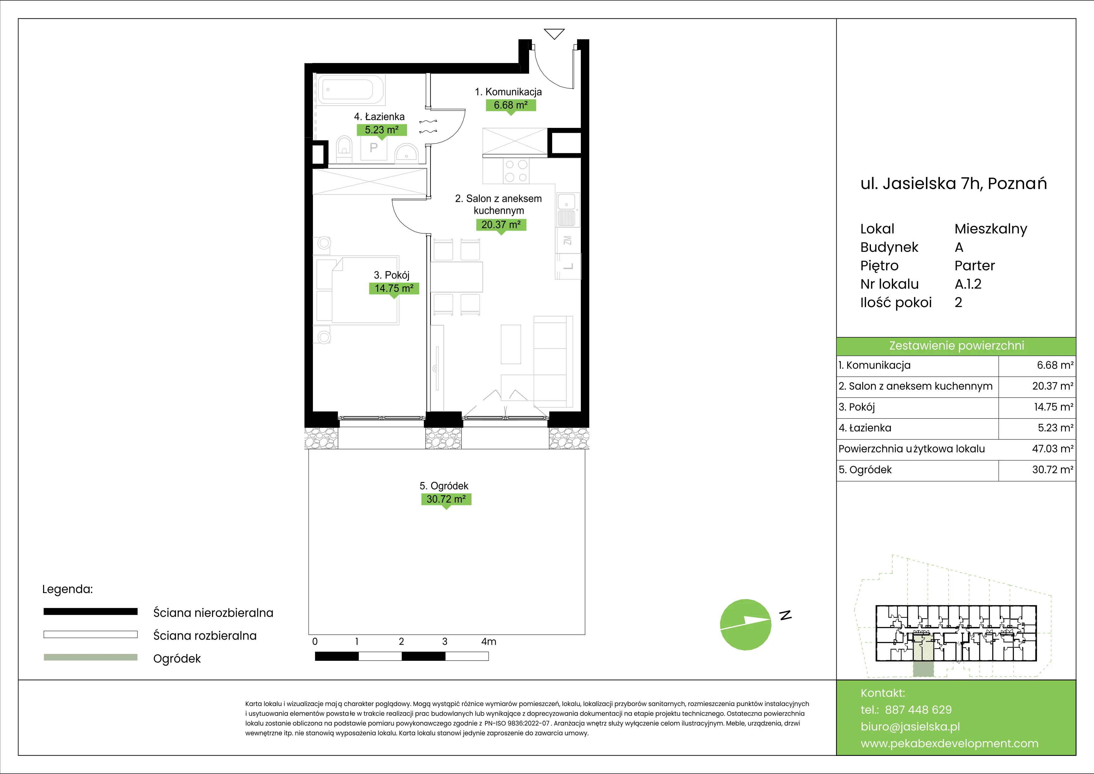 2 pokoje, mieszkanie 47,03 m², parter, oferta nr A.1.2, JA_SIELSKA etap V, Poznań, Podolany, Podolany, ul. Jasielska