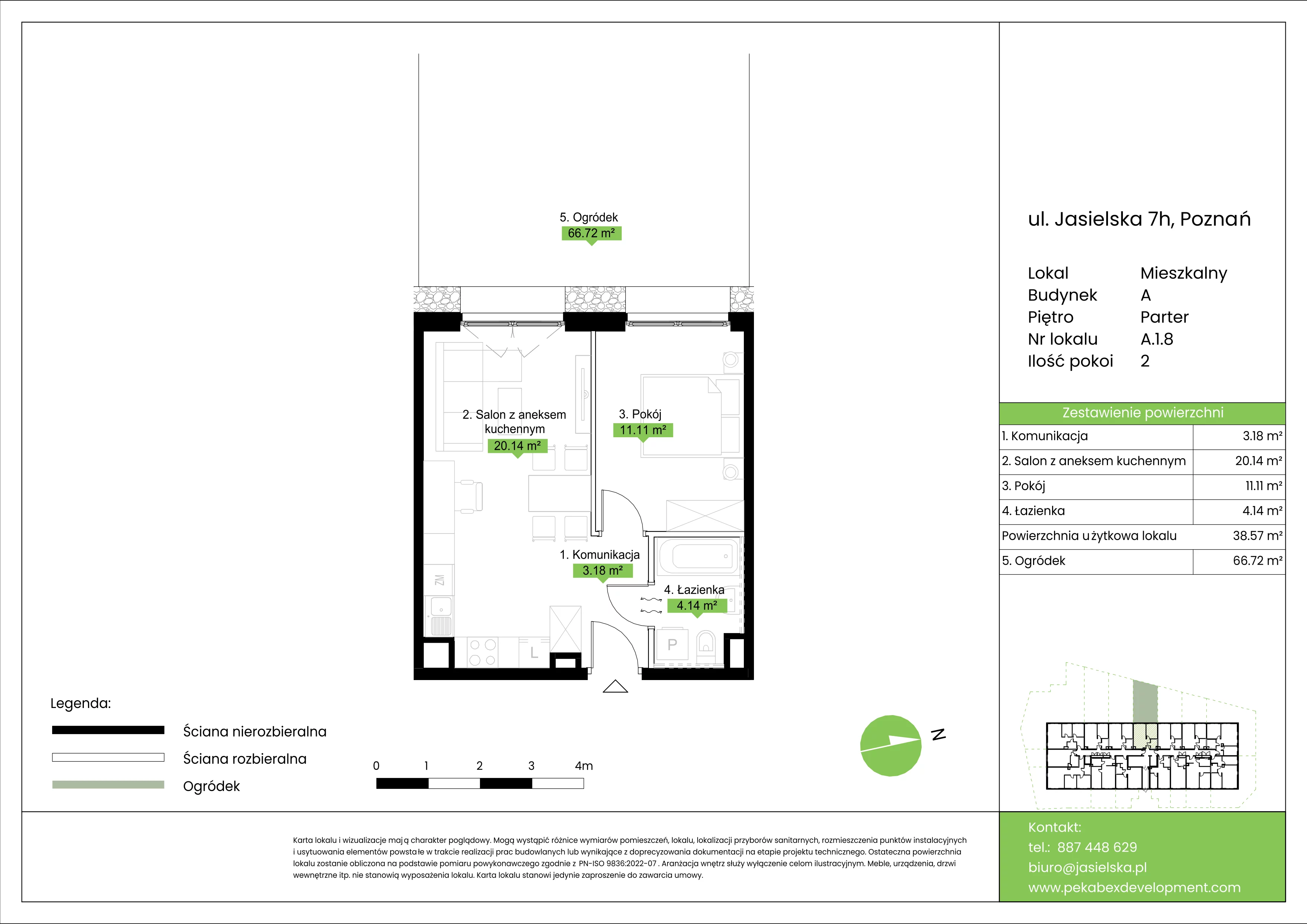 2 pokoje, mieszkanie 38,57 m², parter, oferta nr A.1.8, JA_SIELSKA etap V, Poznań, Podolany, Podolany, ul. Jasielska