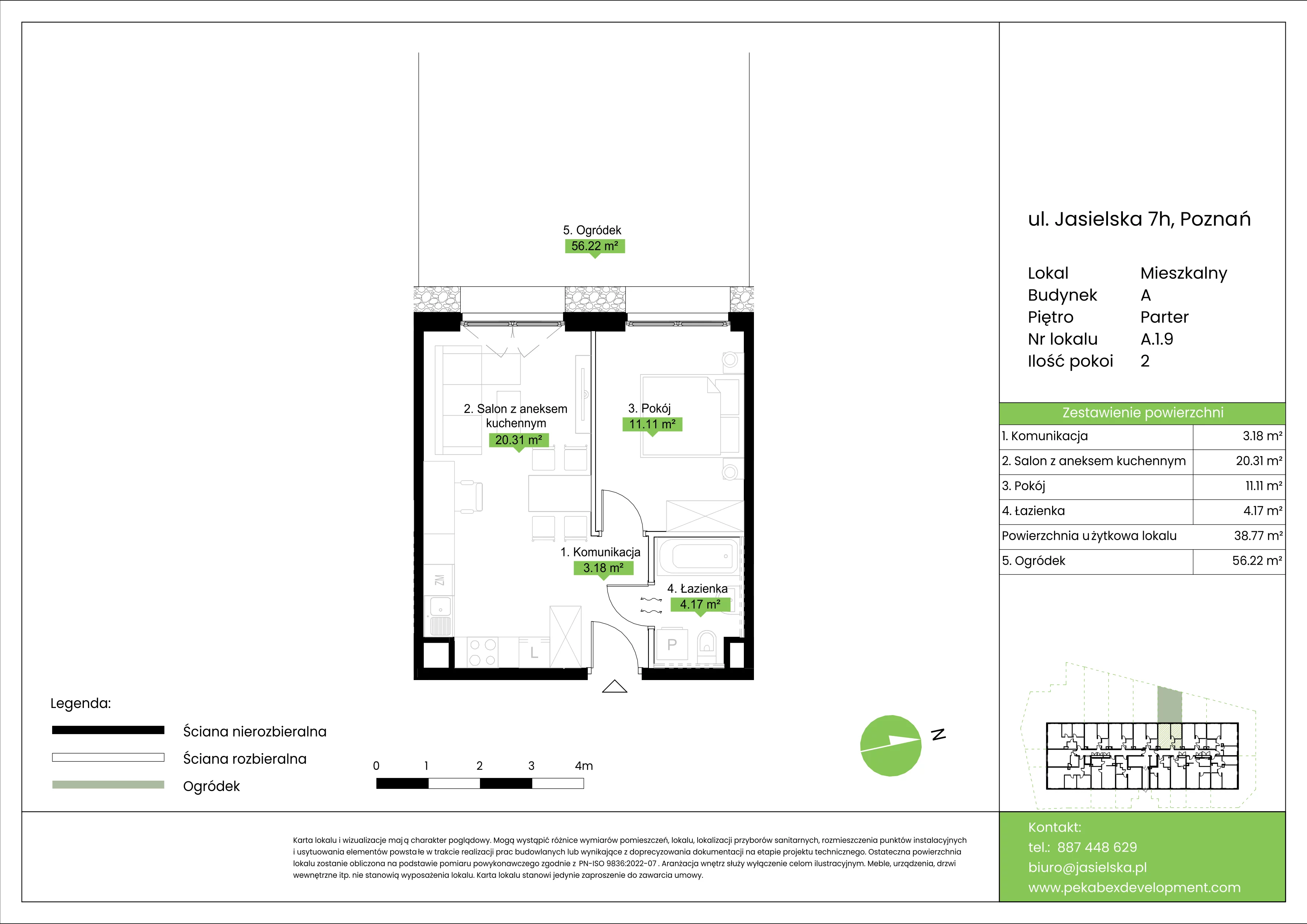 2 pokoje, mieszkanie 38,77 m², parter, oferta nr A.1.9, JA_SIELSKA etap V, Poznań, Podolany, Podolany, ul. Jasielska