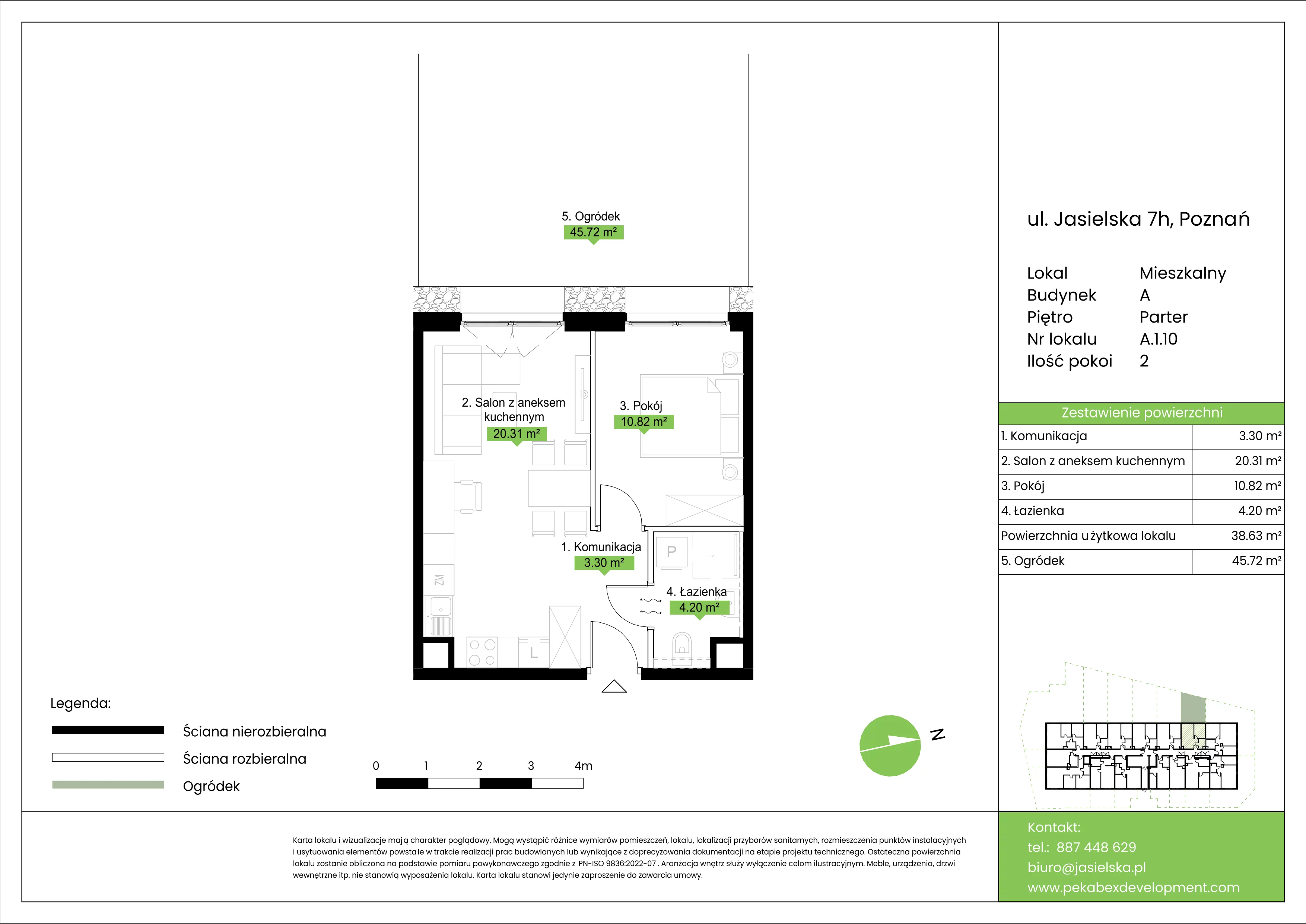 2 pokoje, mieszkanie 38,63 m², parter, oferta nr A.1.10, JA_SIELSKA etap V, Poznań, Podolany, Podolany, ul. Jasielska