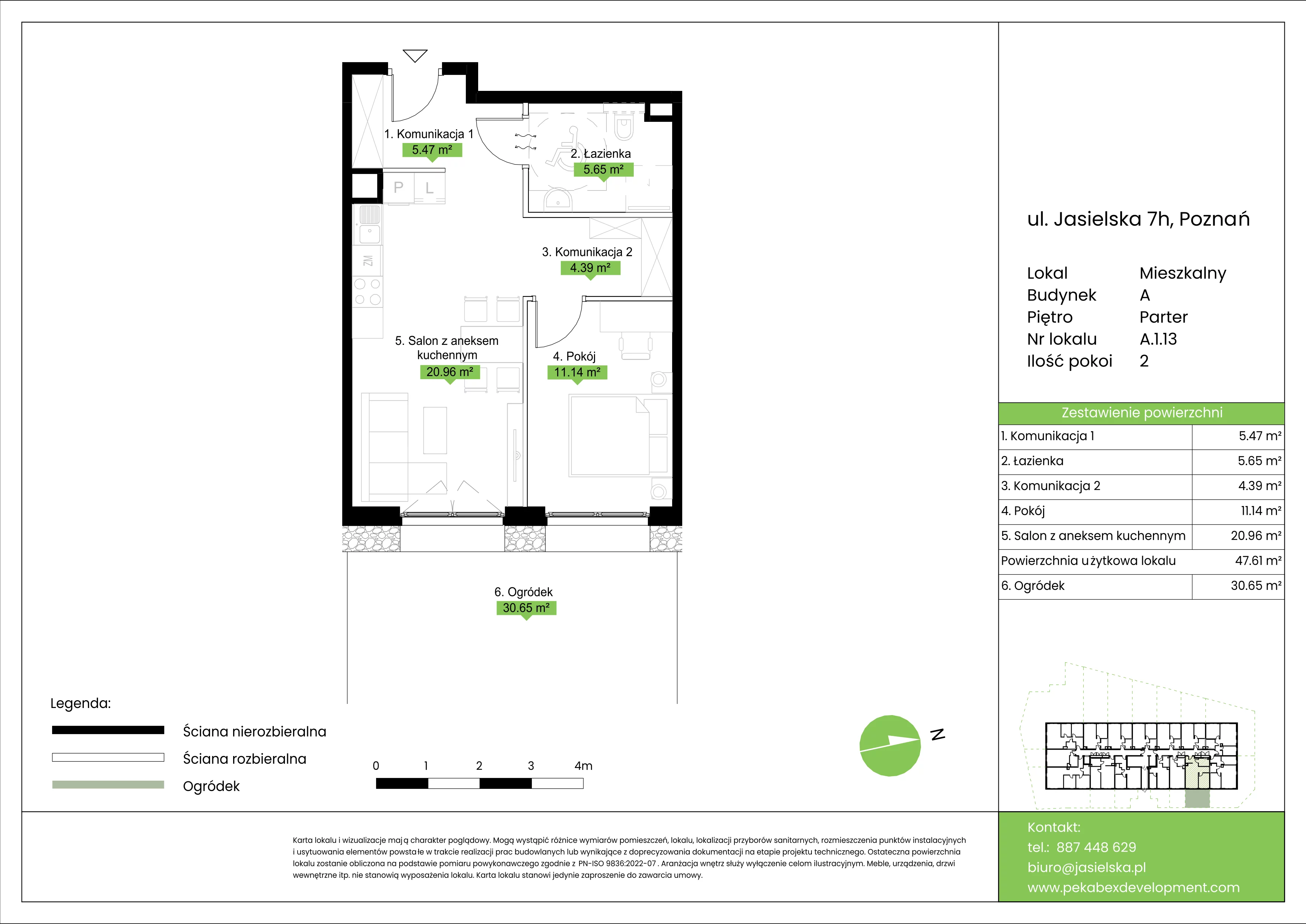 2 pokoje, mieszkanie 47,61 m², parter, oferta nr A.1.13, JA_SIELSKA etap V, Poznań, Podolany, Podolany, ul. Jasielska