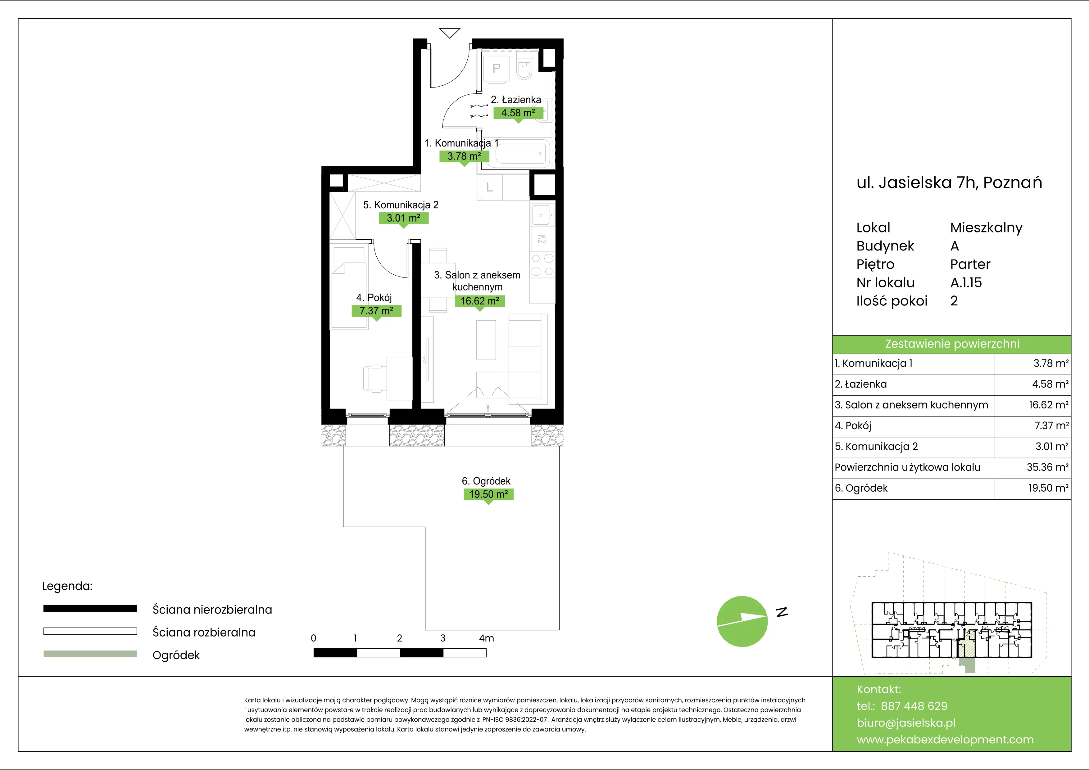 2 pokoje, mieszkanie 35,36 m², parter, oferta nr A.1.15, JA_SIELSKA etap V, Poznań, Podolany, Podolany, ul. Jasielska