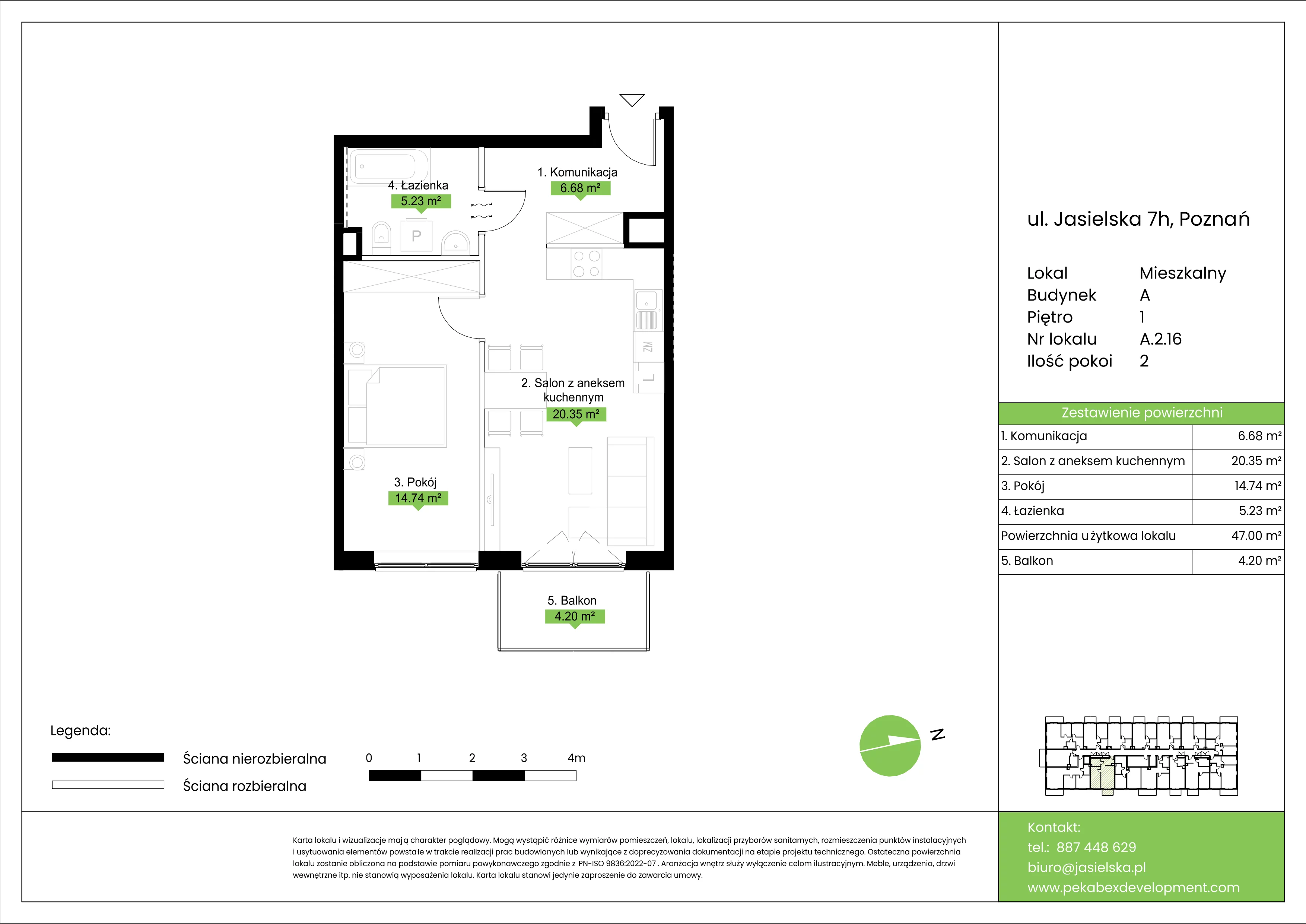 2 pokoje, mieszkanie 47,00 m², piętro 1, oferta nr A.2.16, JA_SIELSKA etap V, Poznań, Podolany, Podolany, ul. Jasielska