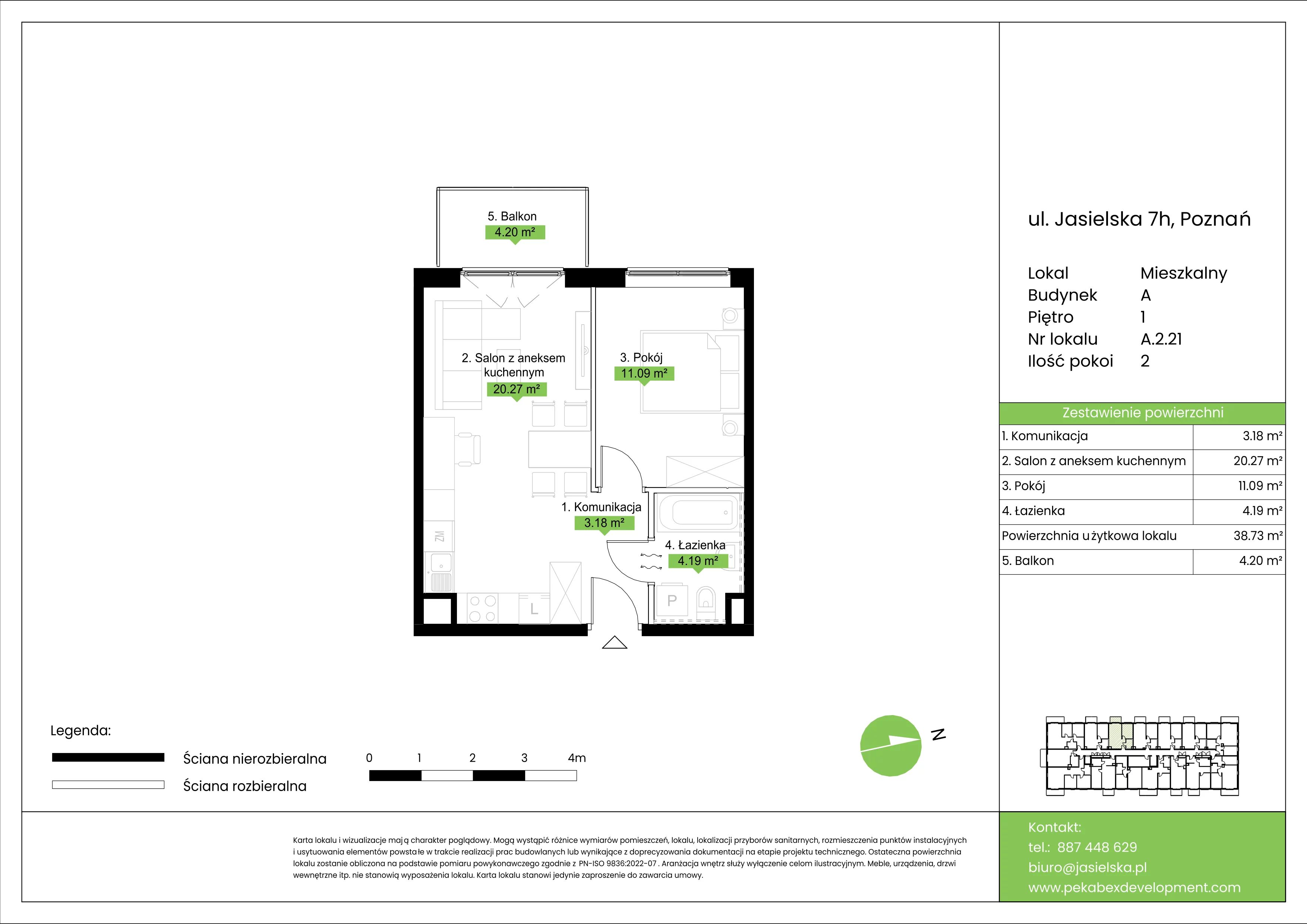 2 pokoje, mieszkanie 38,73 m², piętro 1, oferta nr A.2.21, JA_SIELSKA etap V, Poznań, Podolany, Podolany, ul. Jasielska