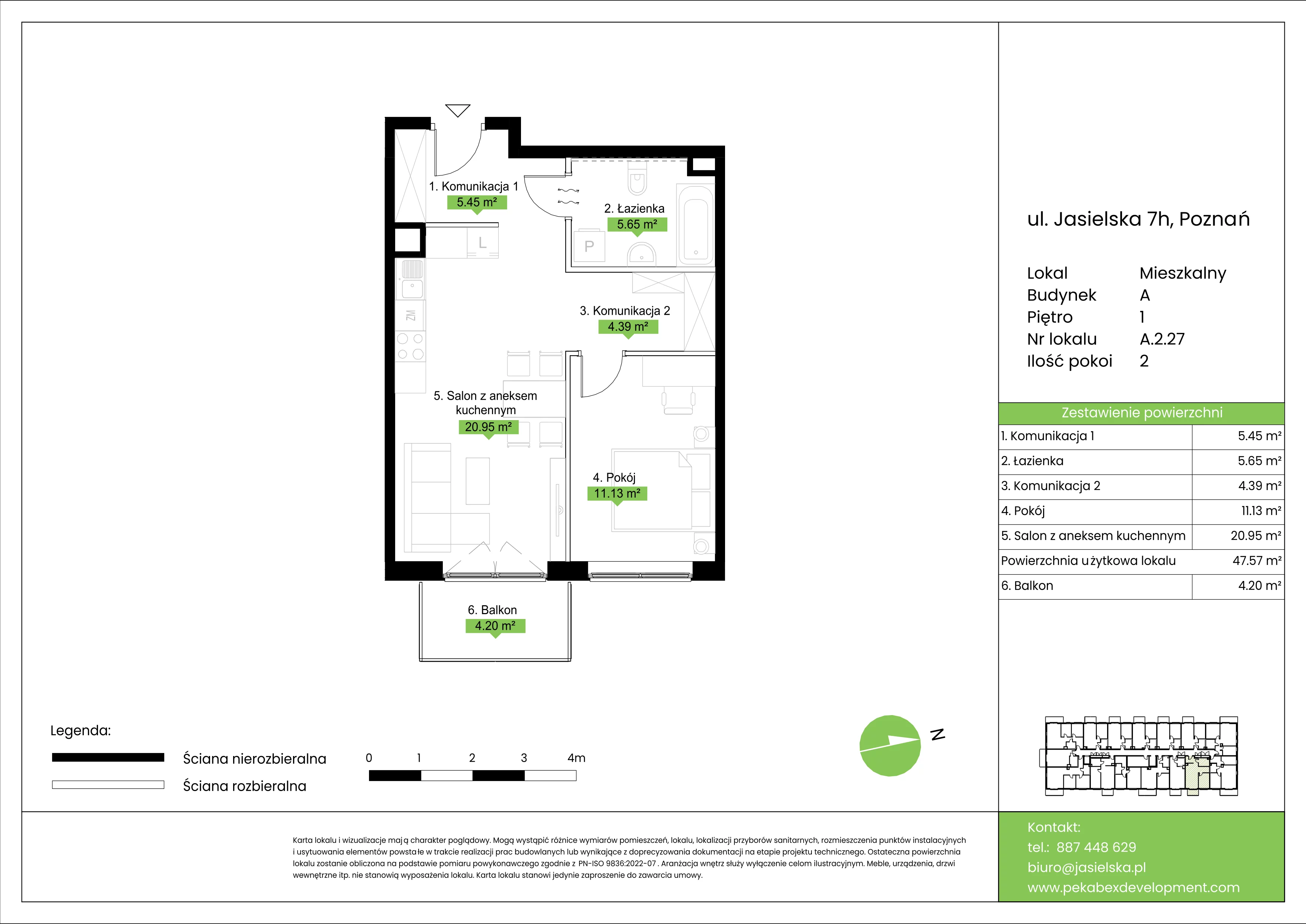 2 pokoje, mieszkanie 47,57 m², piętro 1, oferta nr A.2.27, JA_SIELSKA etap V, Poznań, Podolany, Podolany, ul. Jasielska