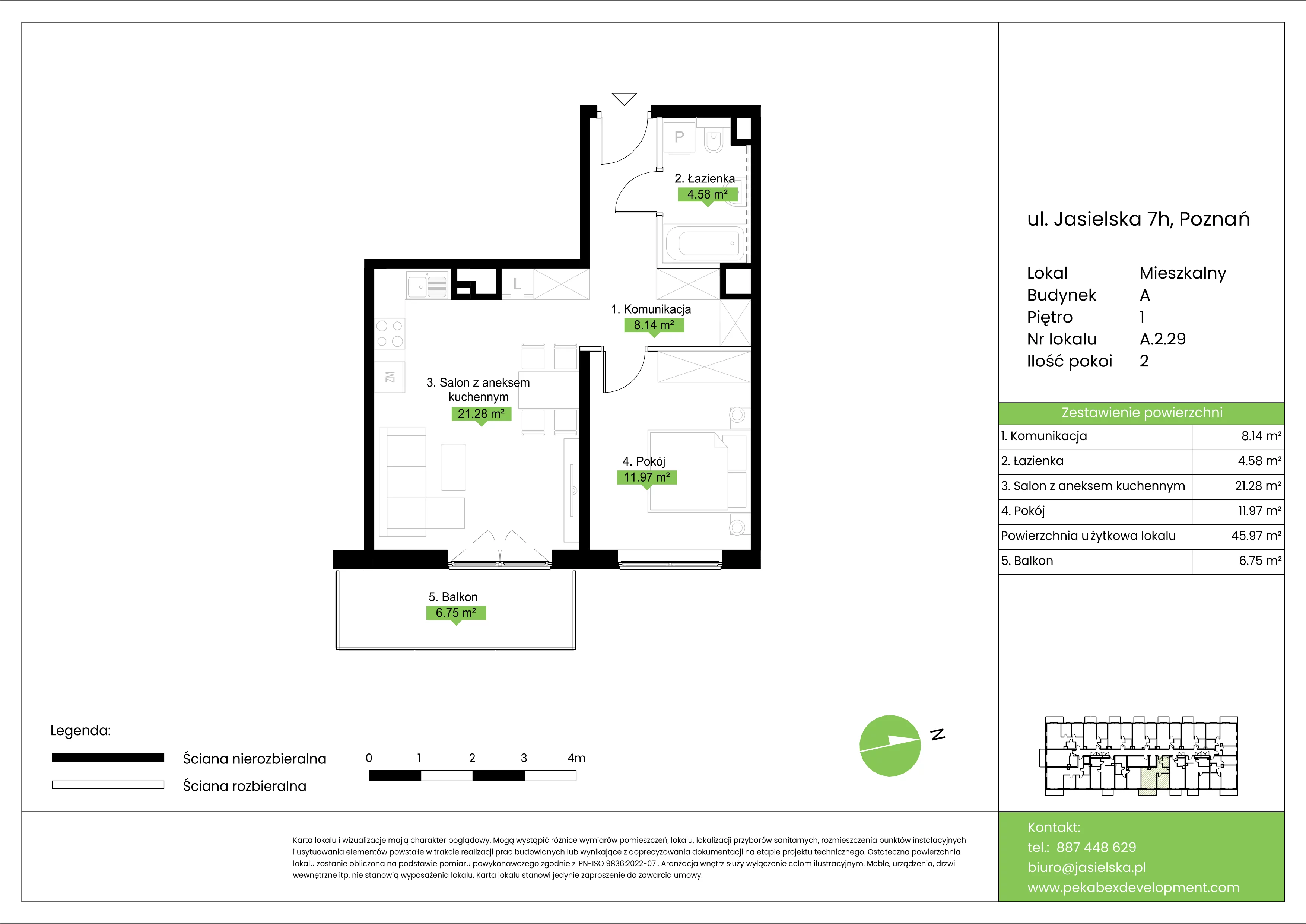 2 pokoje, mieszkanie 45,97 m², piętro 1, oferta nr A.2.29, JA_SIELSKA etap V, Poznań, Podolany, Podolany, ul. Jasielska