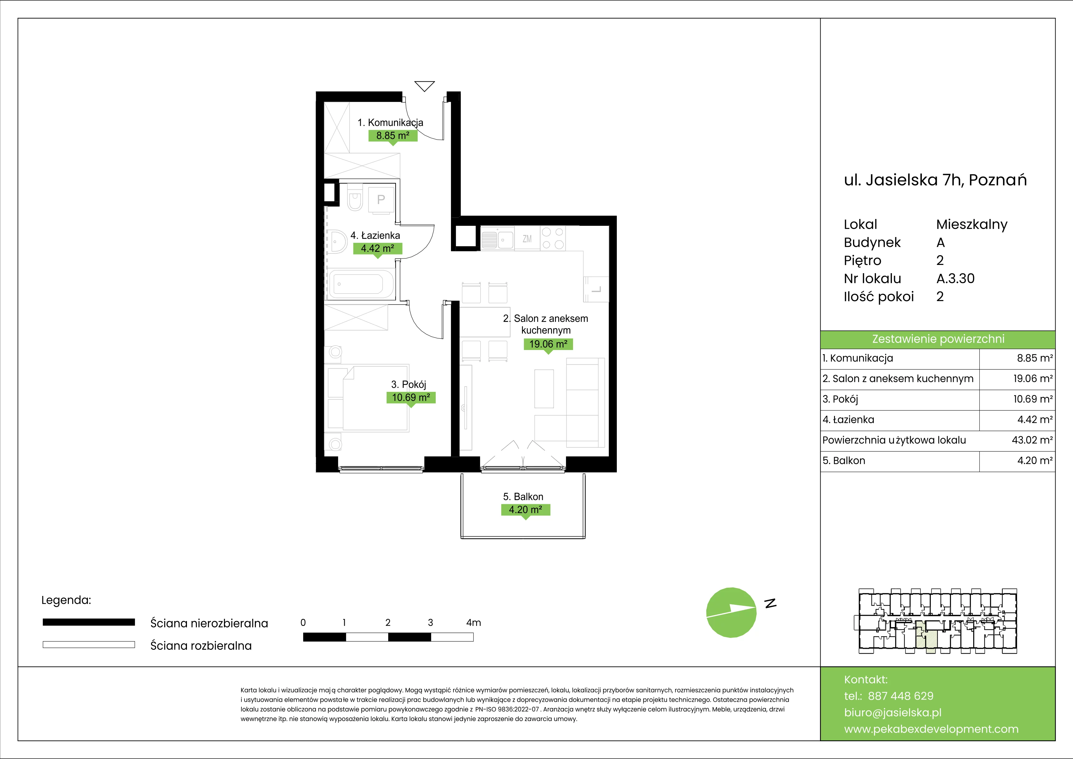 2 pokoje, mieszkanie 43,02 m², piętro 2, oferta nr A.3.30, JA_SIELSKA etap V, Poznań, Podolany, Podolany, ul. Jasielska