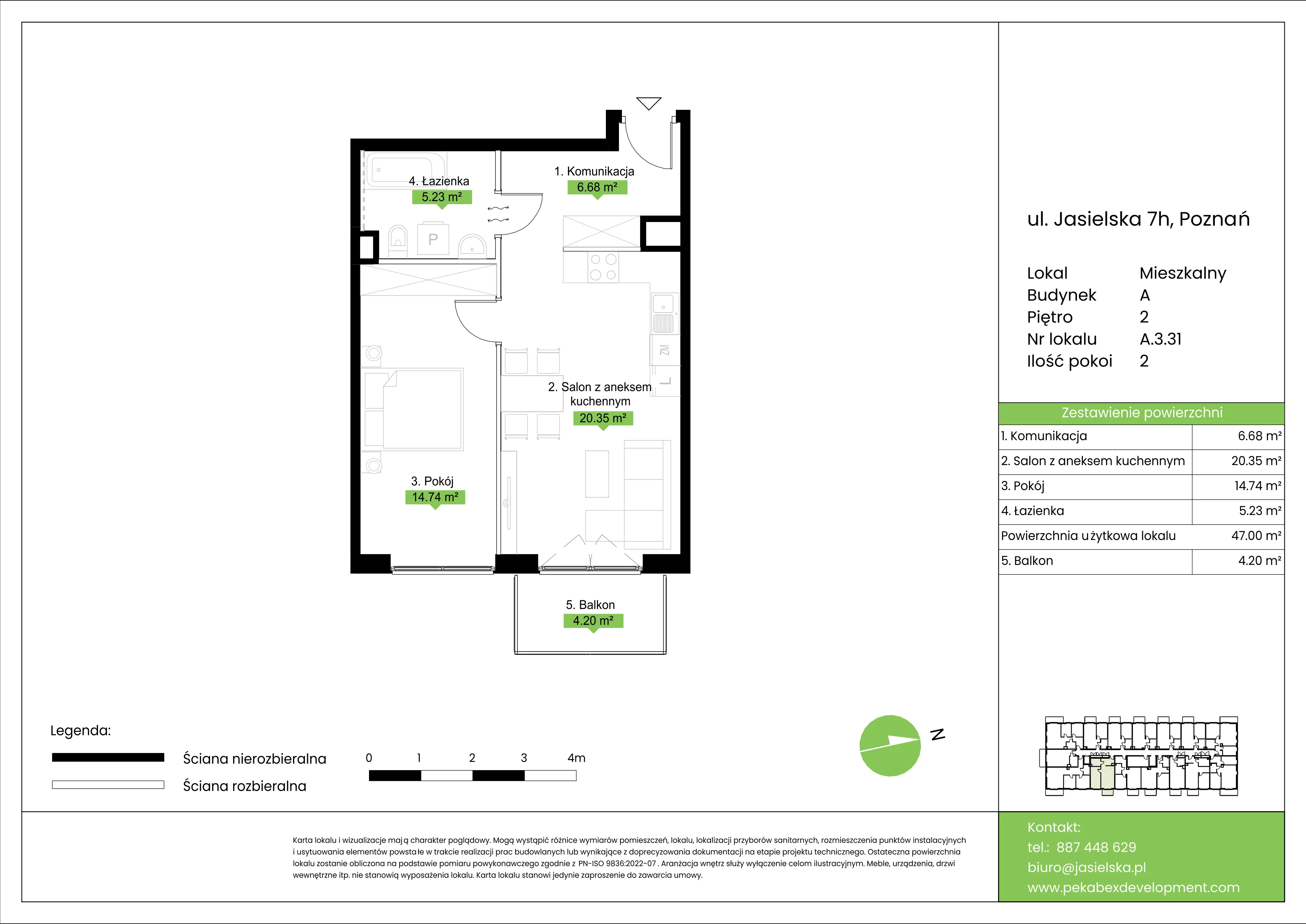 2 pokoje, mieszkanie 47,00 m², piętro 2, oferta nr A.3.31, JA_SIELSKA etap V, Poznań, Podolany, Podolany, ul. Jasielska