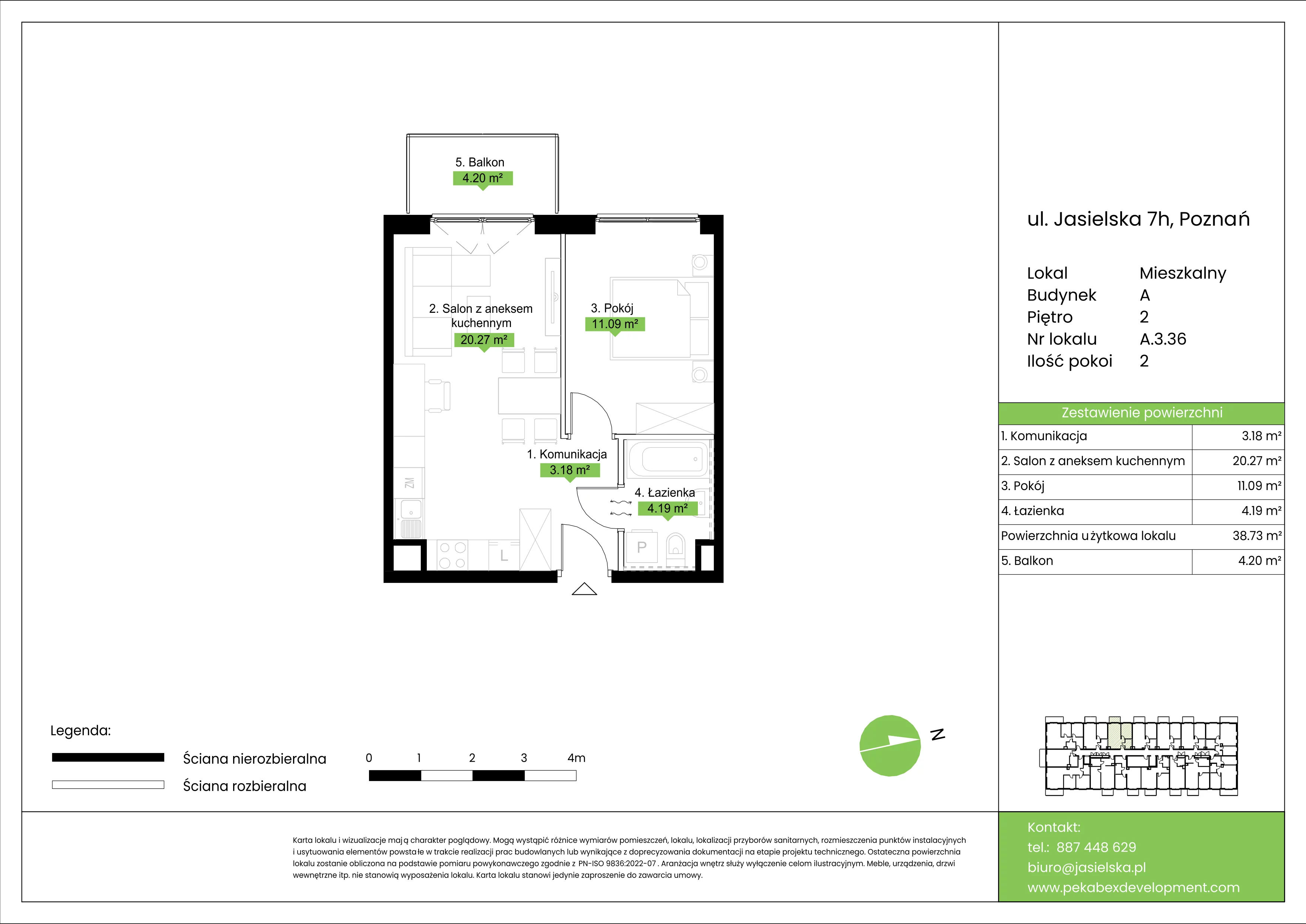 2 pokoje, mieszkanie 38,73 m², piętro 2, oferta nr A.3.36, JA_SIELSKA etap V, Poznań, Podolany, Podolany, ul. Jasielska