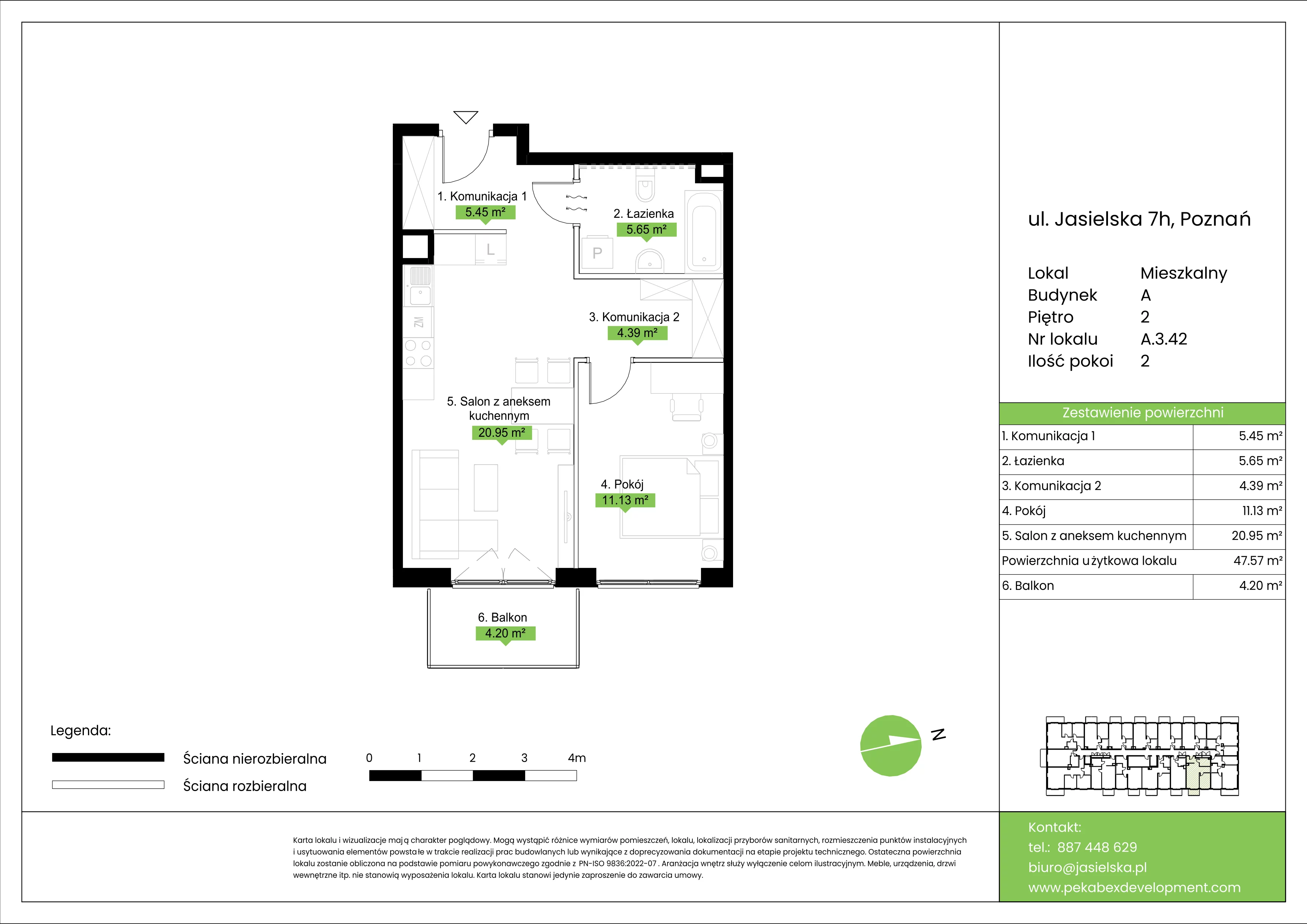 2 pokoje, mieszkanie 47,57 m², piętro 2, oferta nr A.3.42, JA_SIELSKA etap V, Poznań, Podolany, Podolany, ul. Jasielska