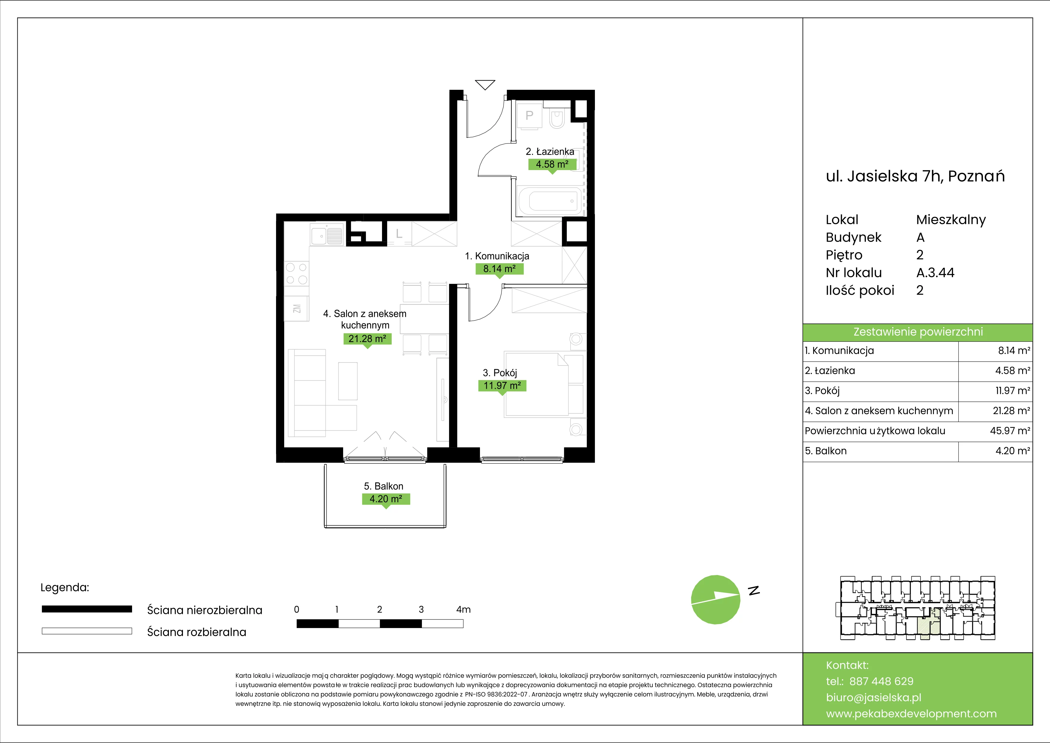 2 pokoje, mieszkanie 45,97 m², piętro 2, oferta nr A.3.44, JA_SIELSKA etap V, Poznań, Podolany, Podolany, ul. Jasielska