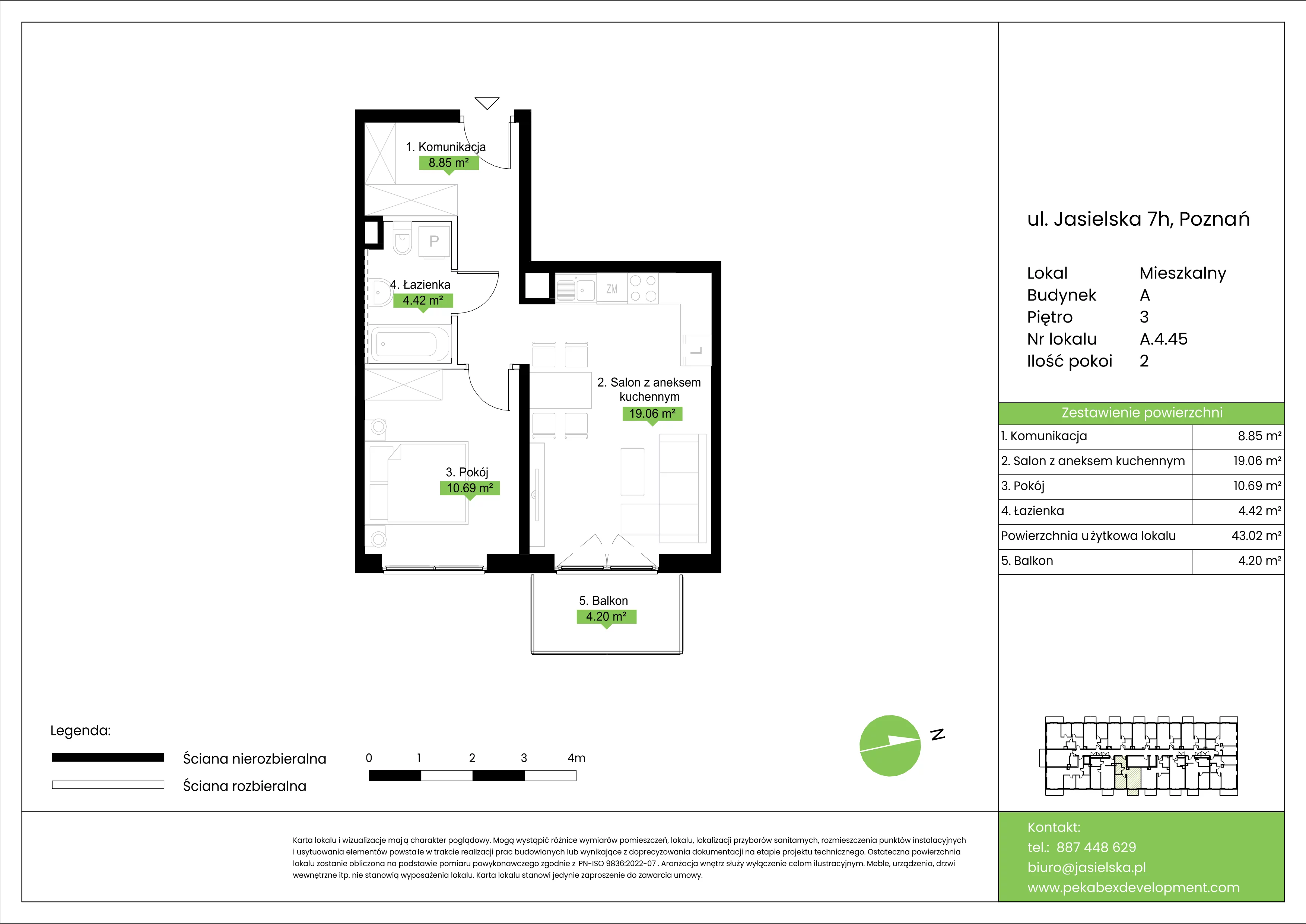 2 pokoje, mieszkanie 43,02 m², piętro 3, oferta nr A.4.45, JA_SIELSKA etap V, Poznań, Podolany, Podolany, ul. Jasielska