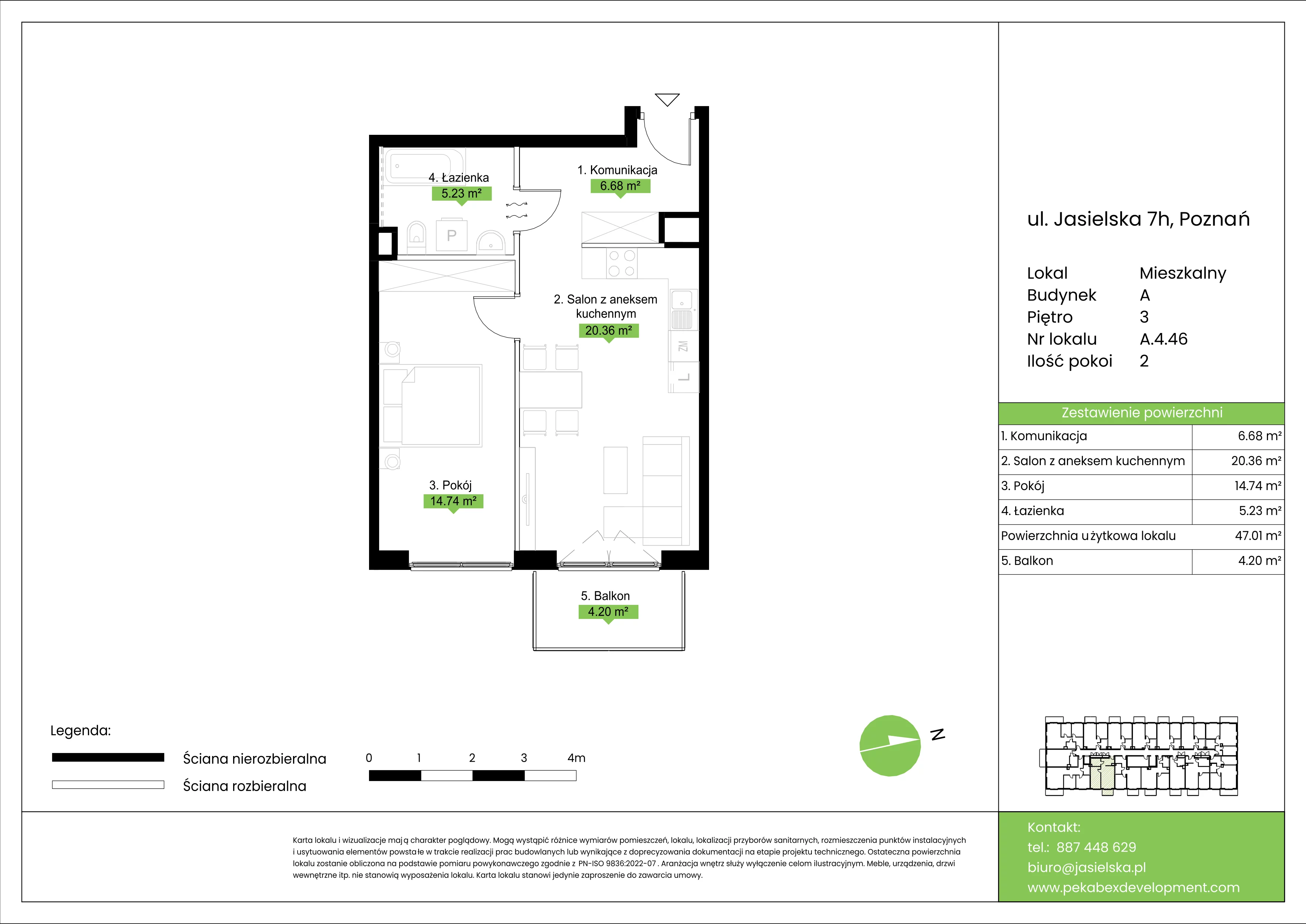 2 pokoje, mieszkanie 47,01 m², piętro 3, oferta nr A.4.46, JA_SIELSKA etap V, Poznań, Podolany, Podolany, ul. Jasielska