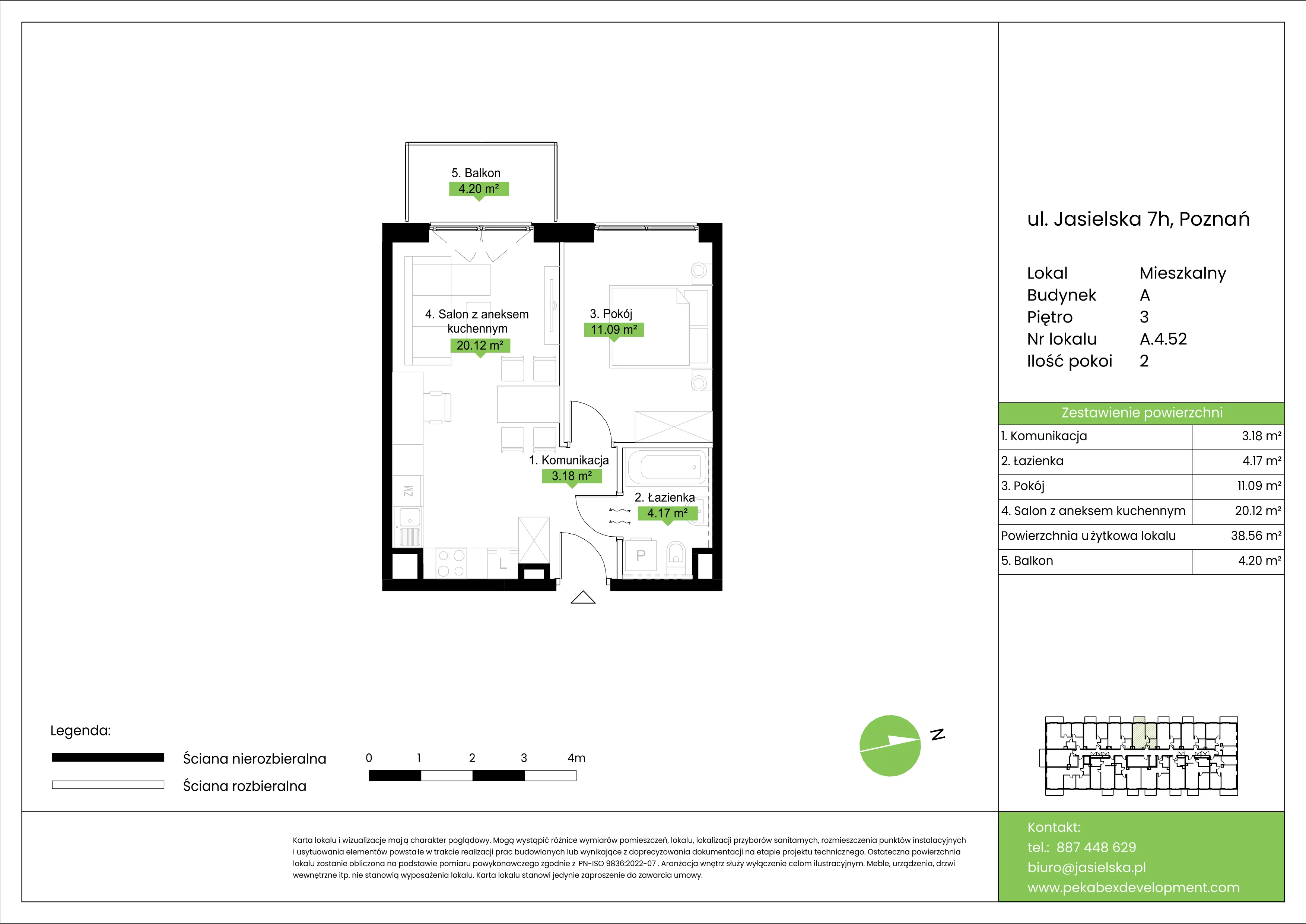 2 pokoje, mieszkanie 38,56 m², piętro 3, oferta nr A.4.52, JA_SIELSKA etap V, Poznań, Podolany, Podolany, ul. Jasielska