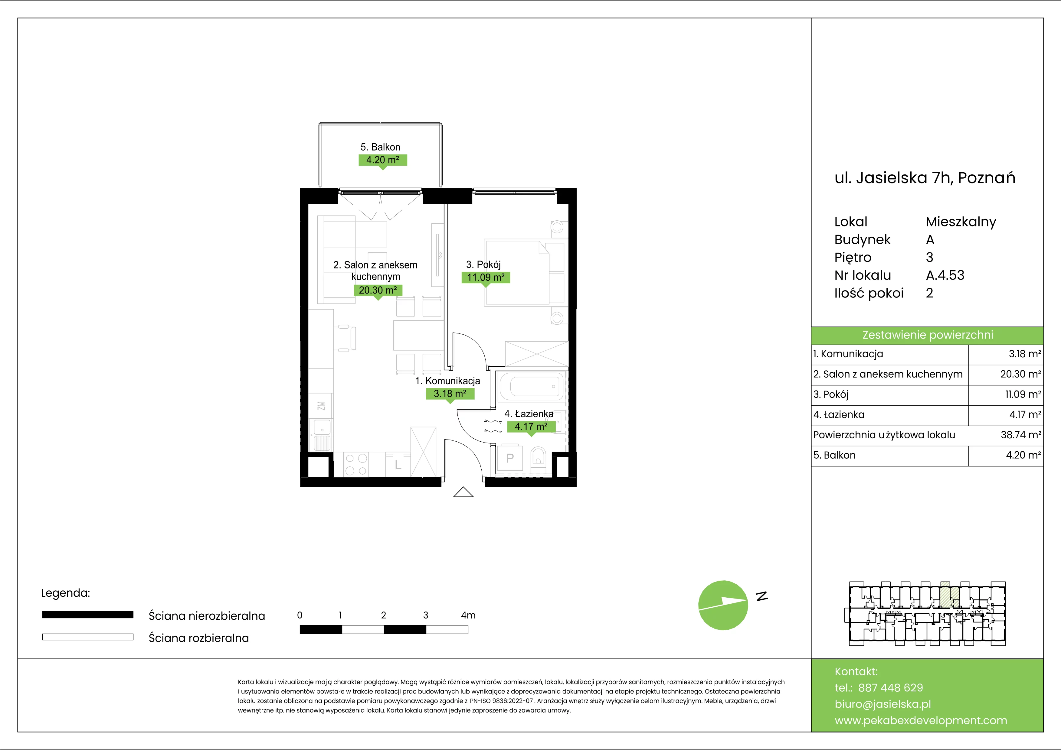 2 pokoje, mieszkanie 38,74 m², piętro 3, oferta nr A.4.53, JA_SIELSKA etap V, Poznań, Podolany, Podolany, ul. Jasielska