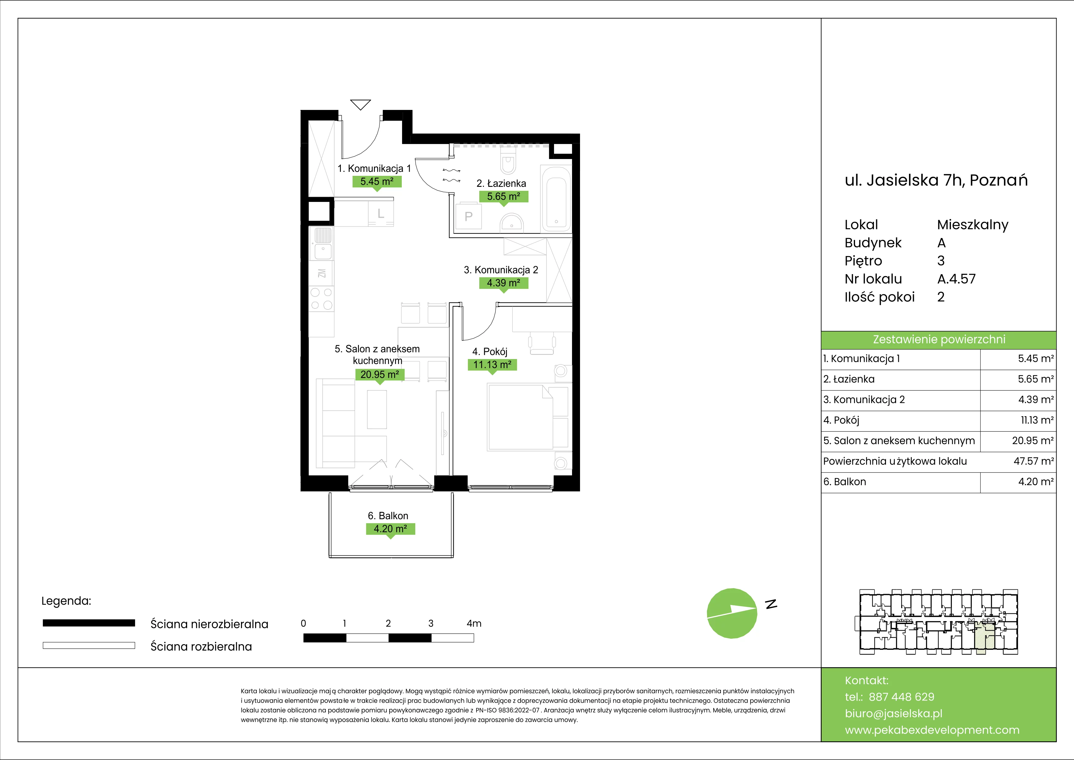2 pokoje, mieszkanie 47,57 m², piętro 3, oferta nr A.4.57, JA_SIELSKA etap V, Poznań, Podolany, Podolany, ul. Jasielska